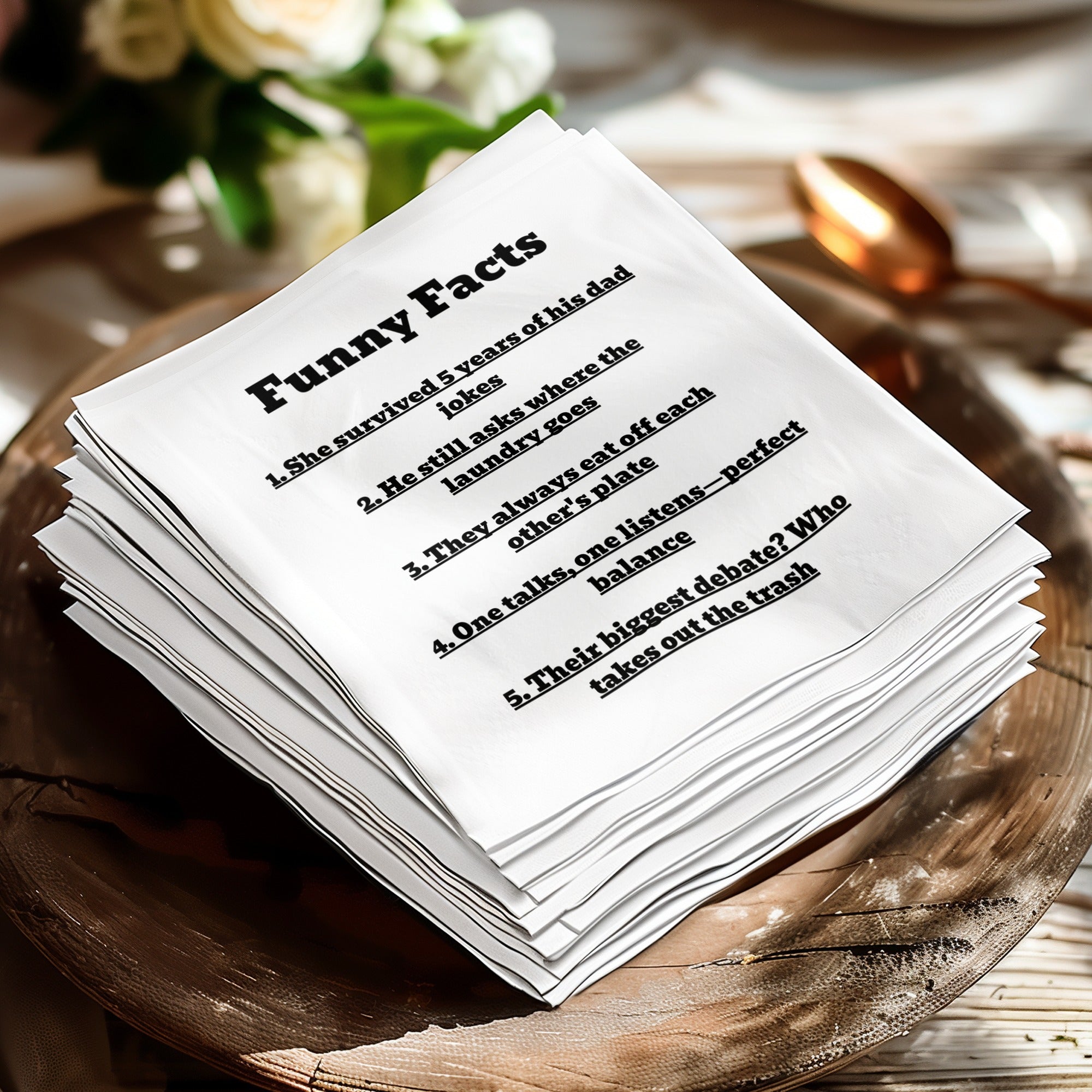 Stack of napkins with "Funny Facts" and five numbered jokes.
