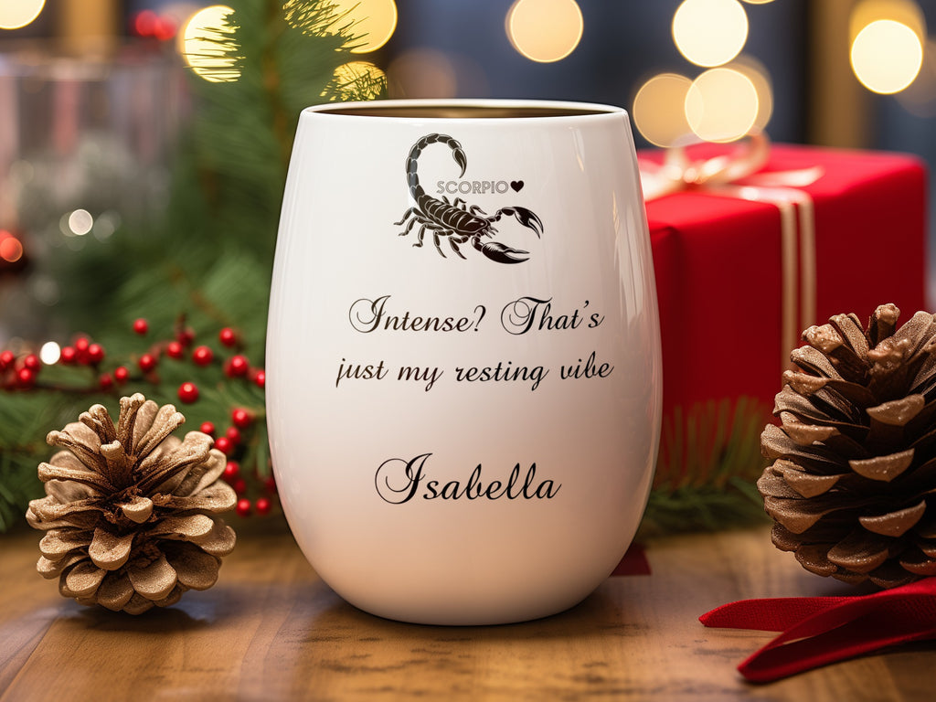 White Scorpio zodiac wine tumbler with personalized name and quote.