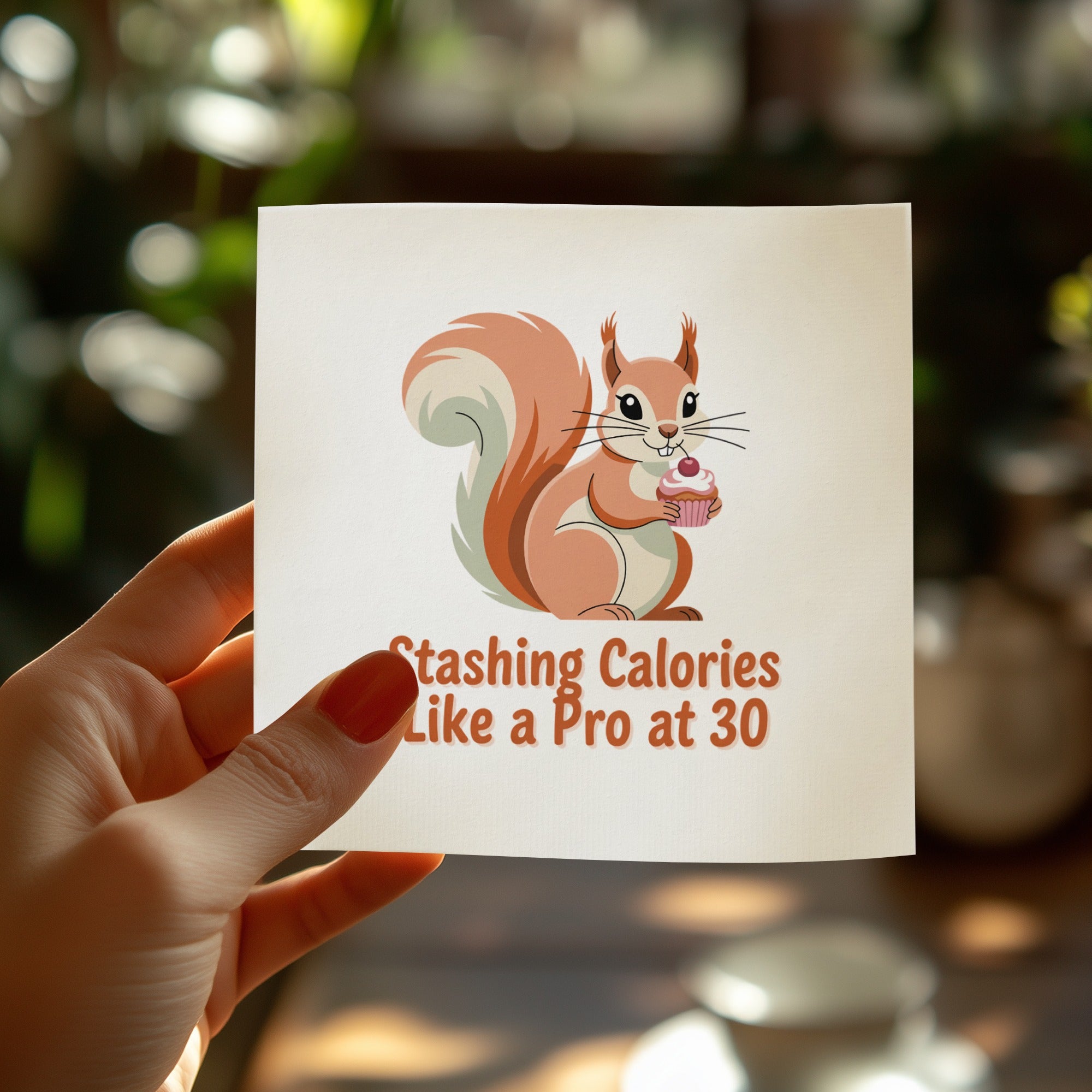 Squirrel holding a cupcake with text "Stashing Calories Like a Pro at 30".