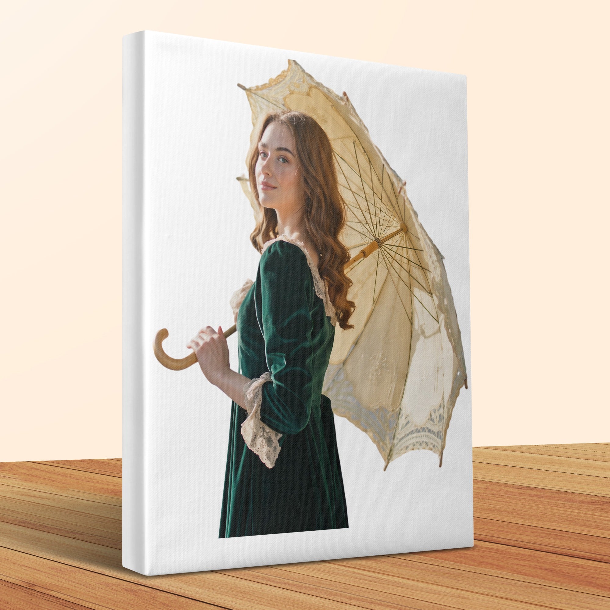 Woman in green velvet dress holding antique lace parasol on white background.