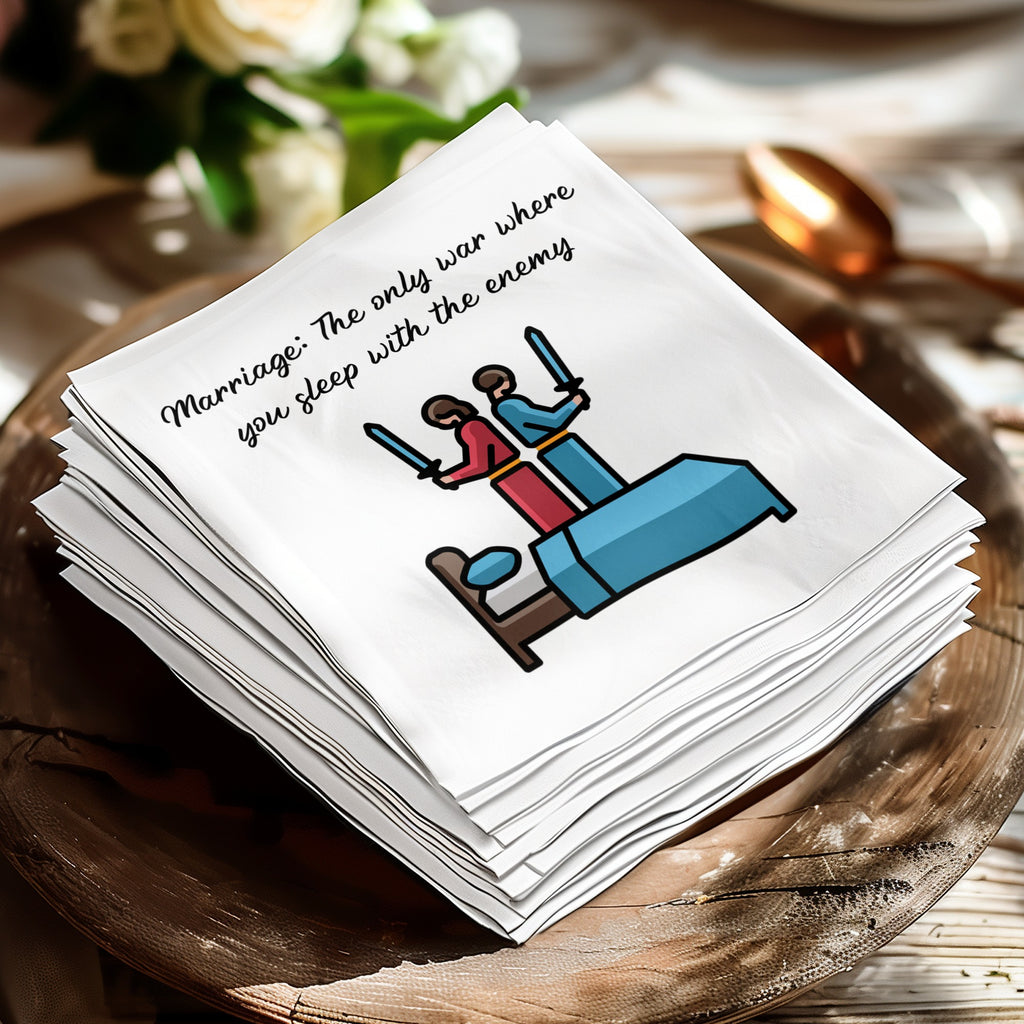 Napkin with illustration of two people battling in bed, text "Marriage: The only war where you sleep with the enemy."