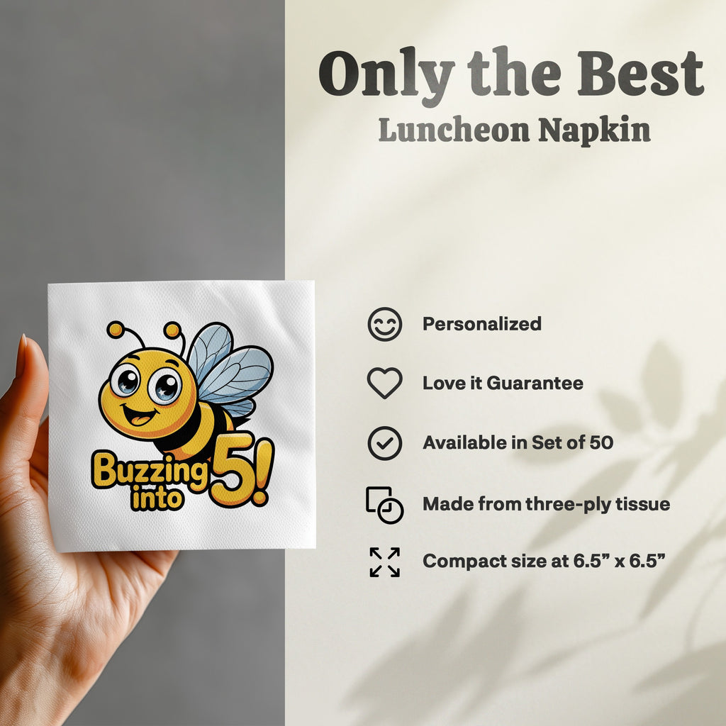 White luncheon napkin with "Buzzing into 5!" text and a cartoon bee.
