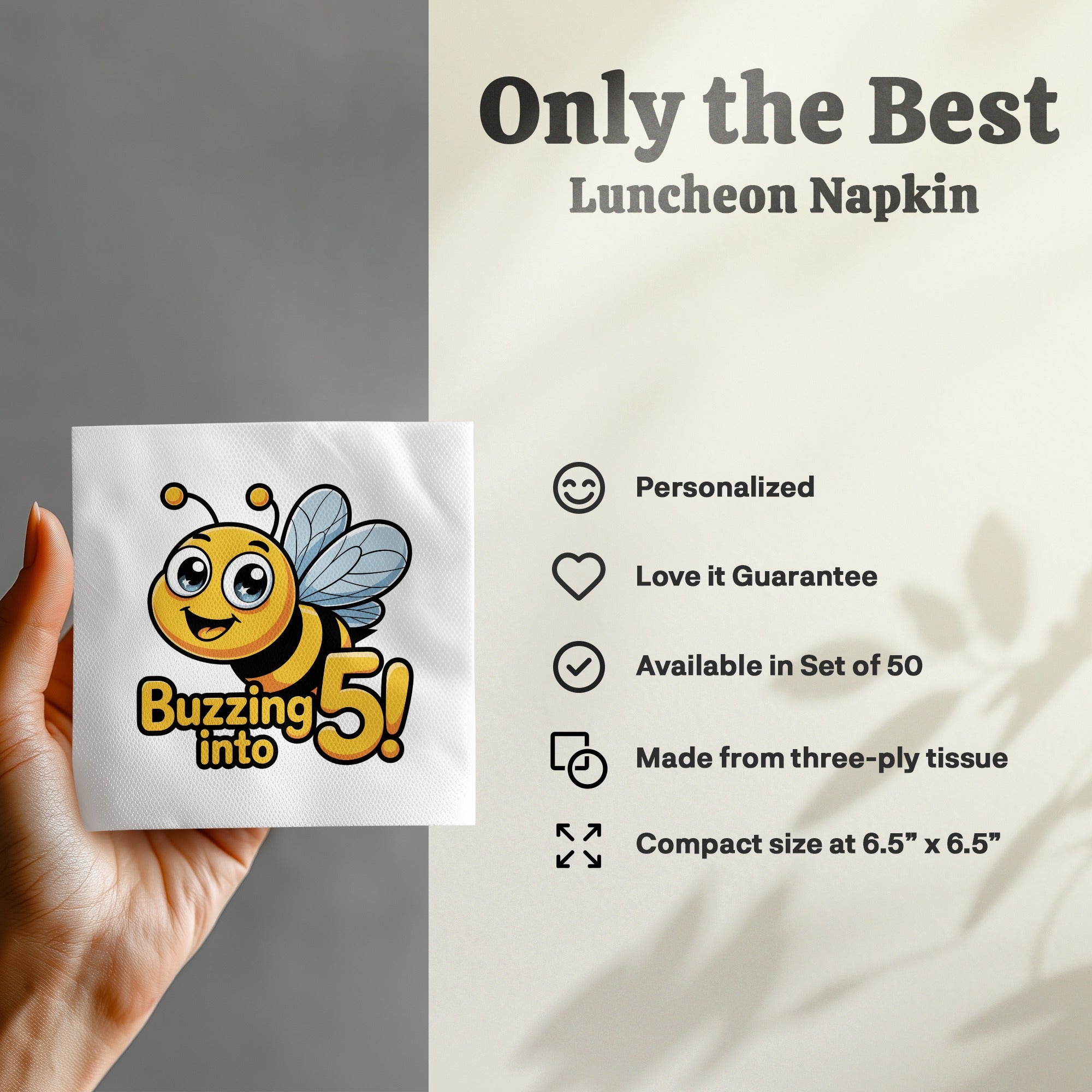 White luncheon napkin with "Buzzing into 5!" text and a cartoon bee.