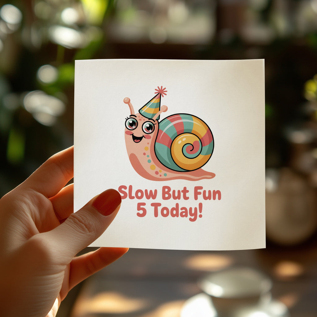 Card with cartoon snail wearing party hat, saying "Slow But Fun 5 Today!".