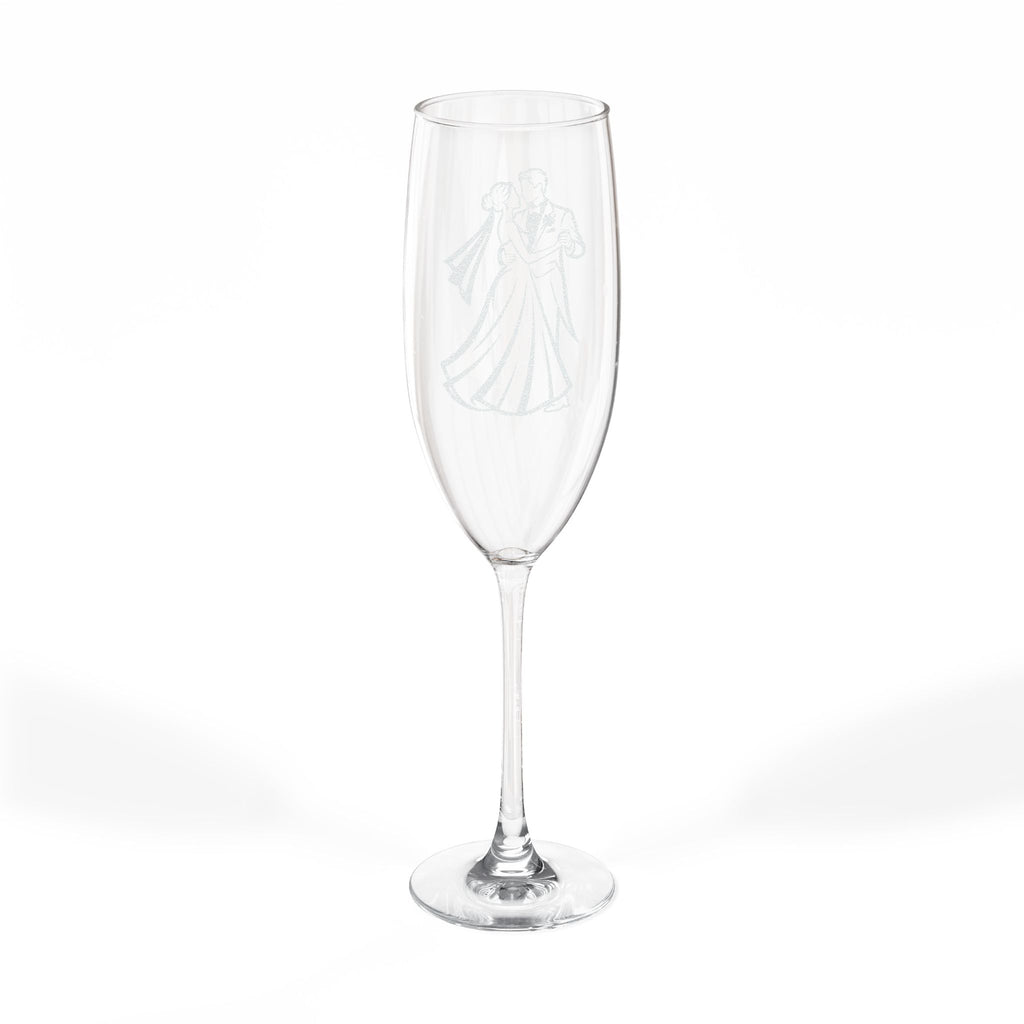 Clear champagne flute with etched bride and groom dancing.