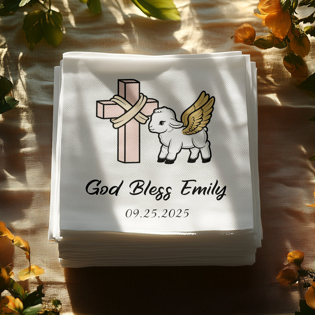 Custom napkins with a cross, lamb, "God Bless Emily", and date.