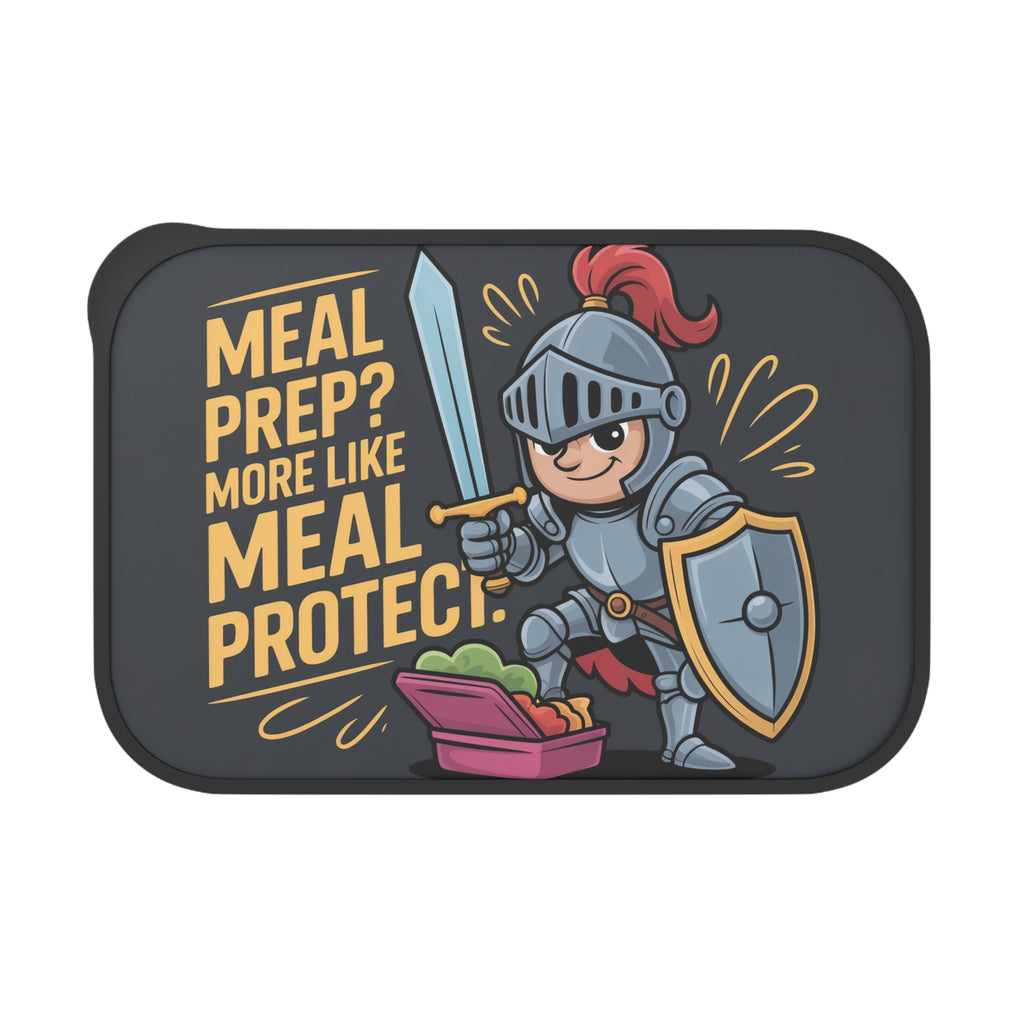 Knight holding sword and shield next to lunchbox with text "MEAL PREP? MORE LIKE MEAL PROTECT!".