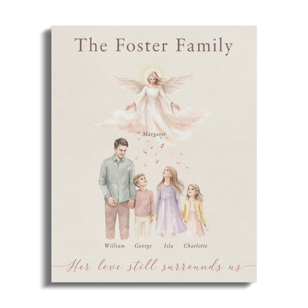 The Foster Family: angel, father, three children, names, and quote.