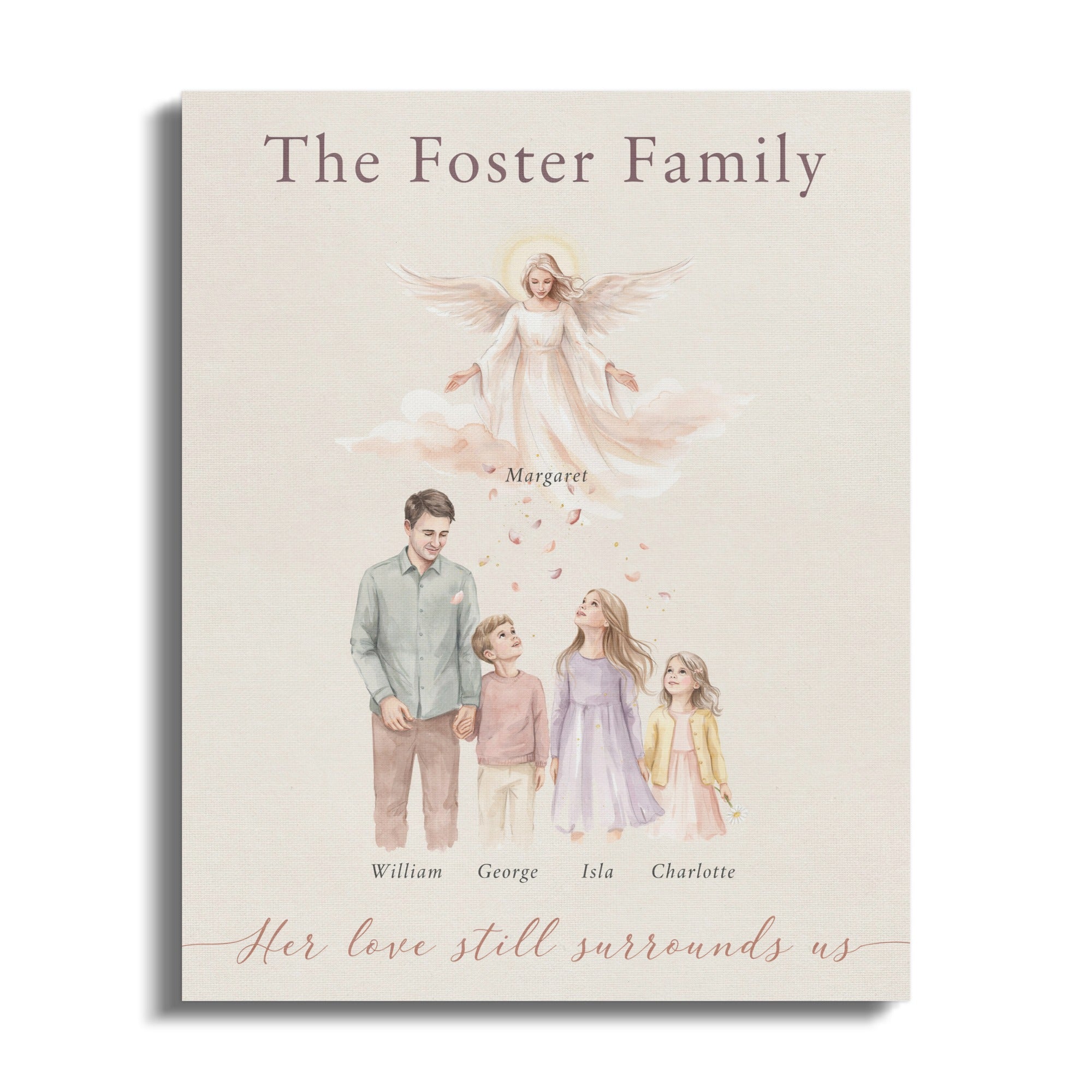 The Foster Family: angel, father, three children, names, and quote.