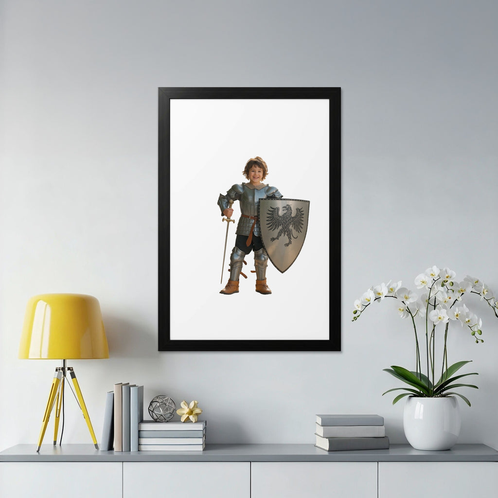 Child in knight costume holding sword and shield on white background.