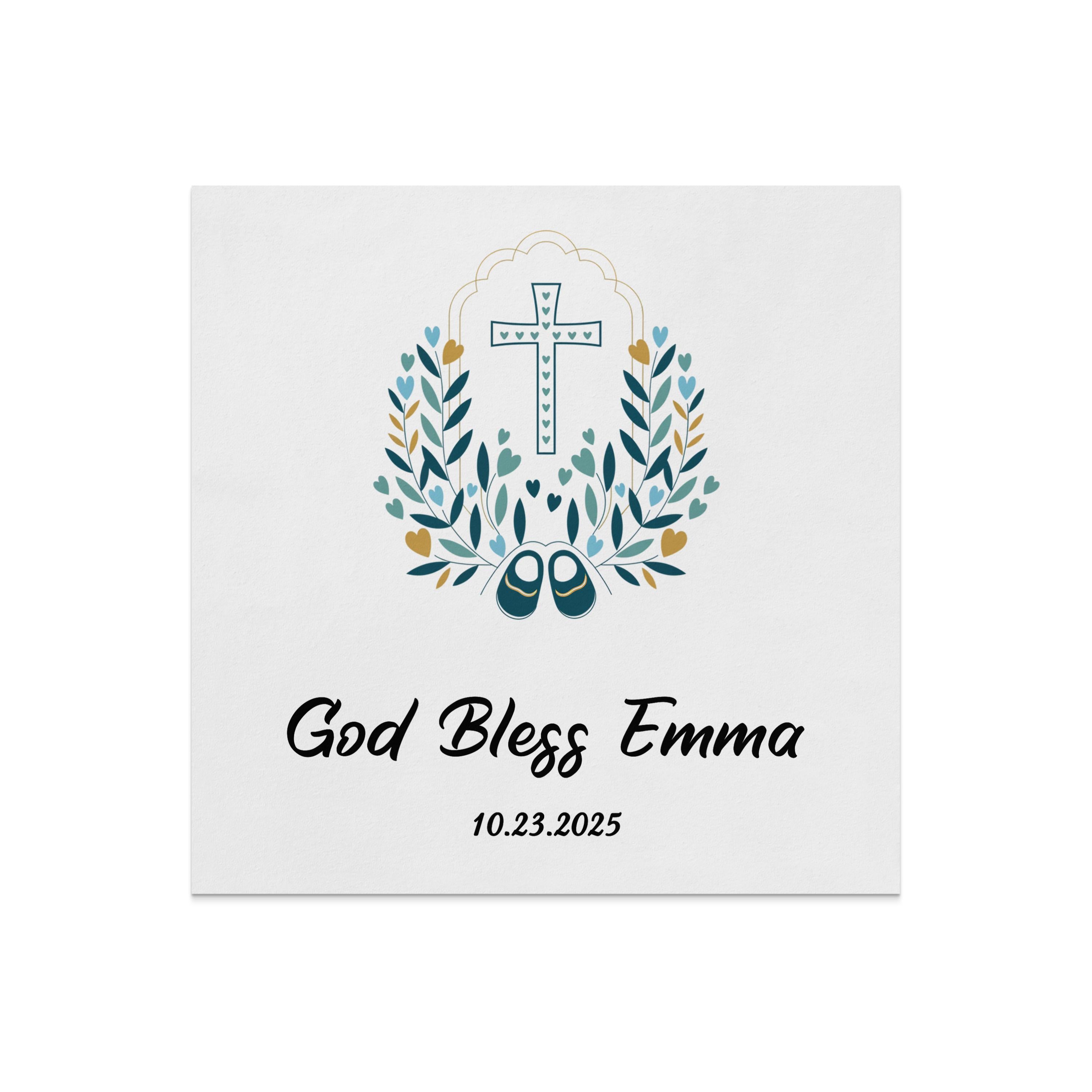 God Bless Emma 10.23.2025 with cross and baby shoes design.