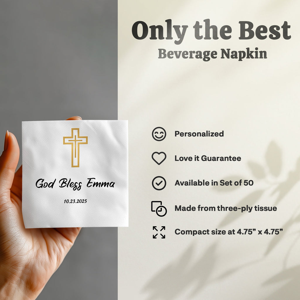 Beverage napkin with "God Bless Emma" and a gold cross design.