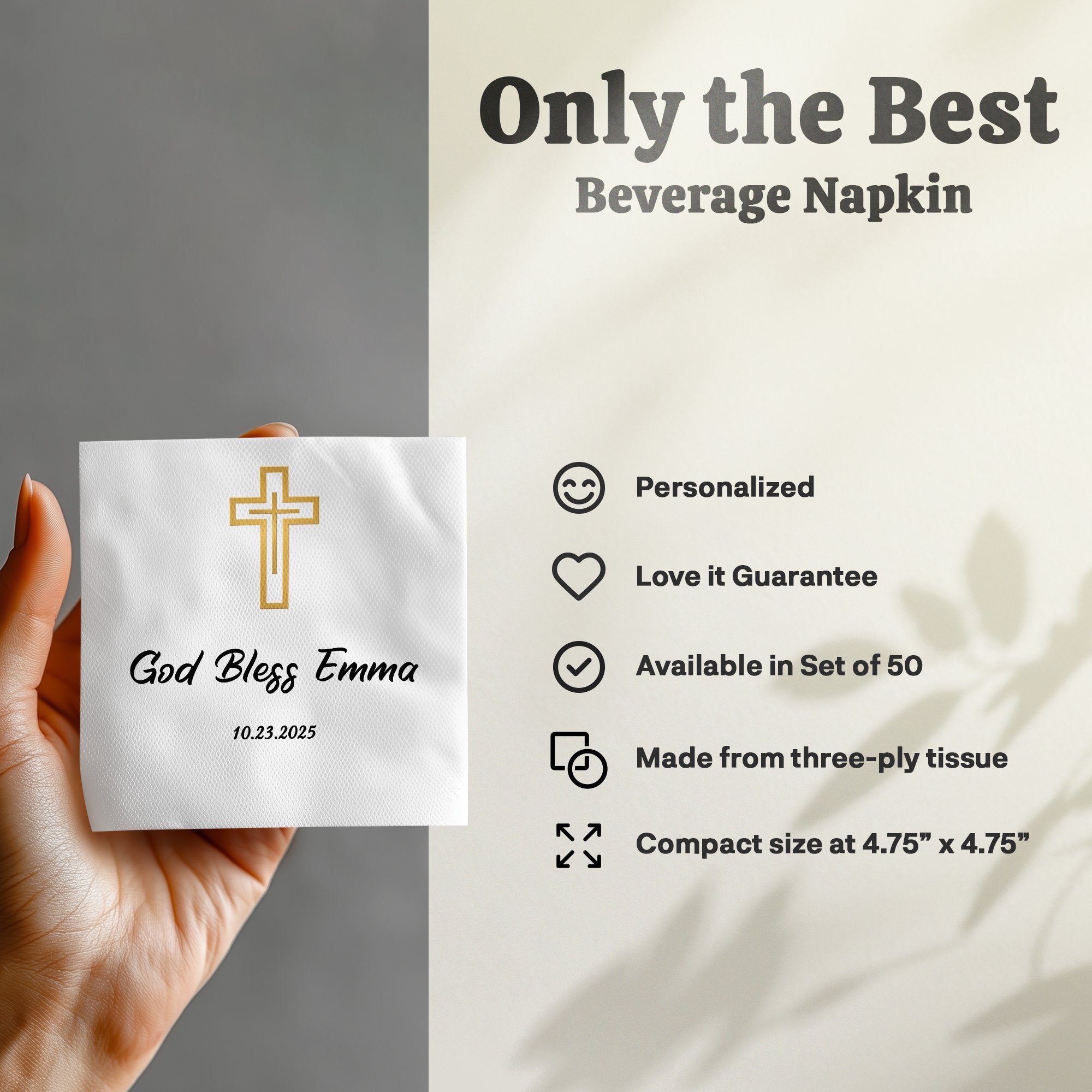 Beverage napkin with "God Bless Emma" and a gold cross design.