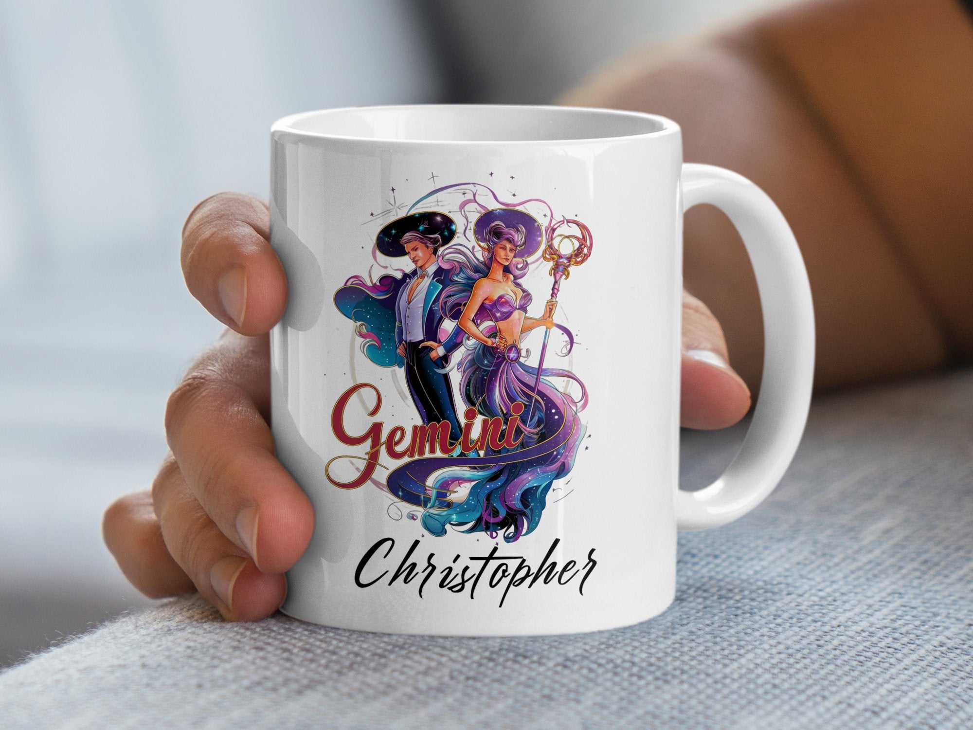 Mug with Gemini zodiac sign artwork featuring two figures and the name Christopher.