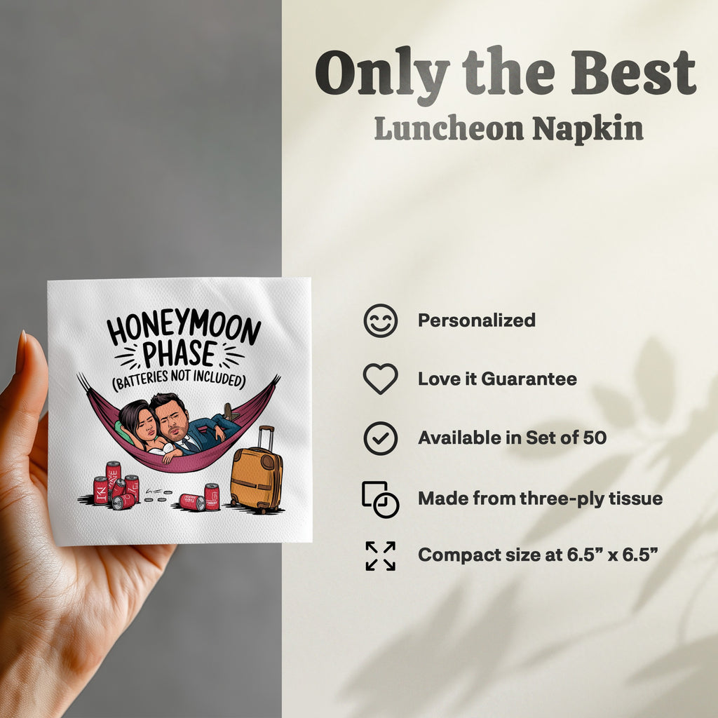 Napkin with cartoon of couple in hammock, text "Honeymoon Phase (Batteries Not Included)".