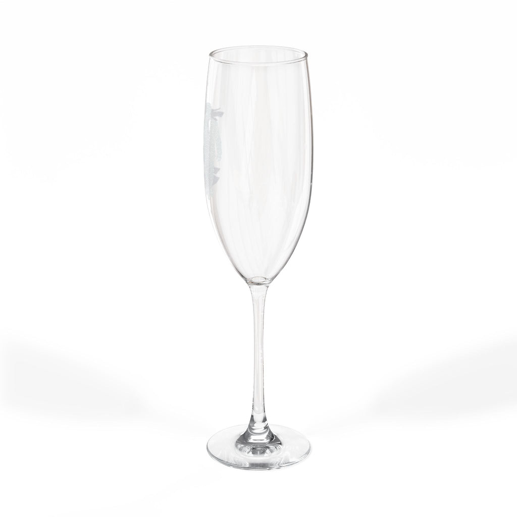 Clear champagne flute with a swirling pattern etched on the glass.