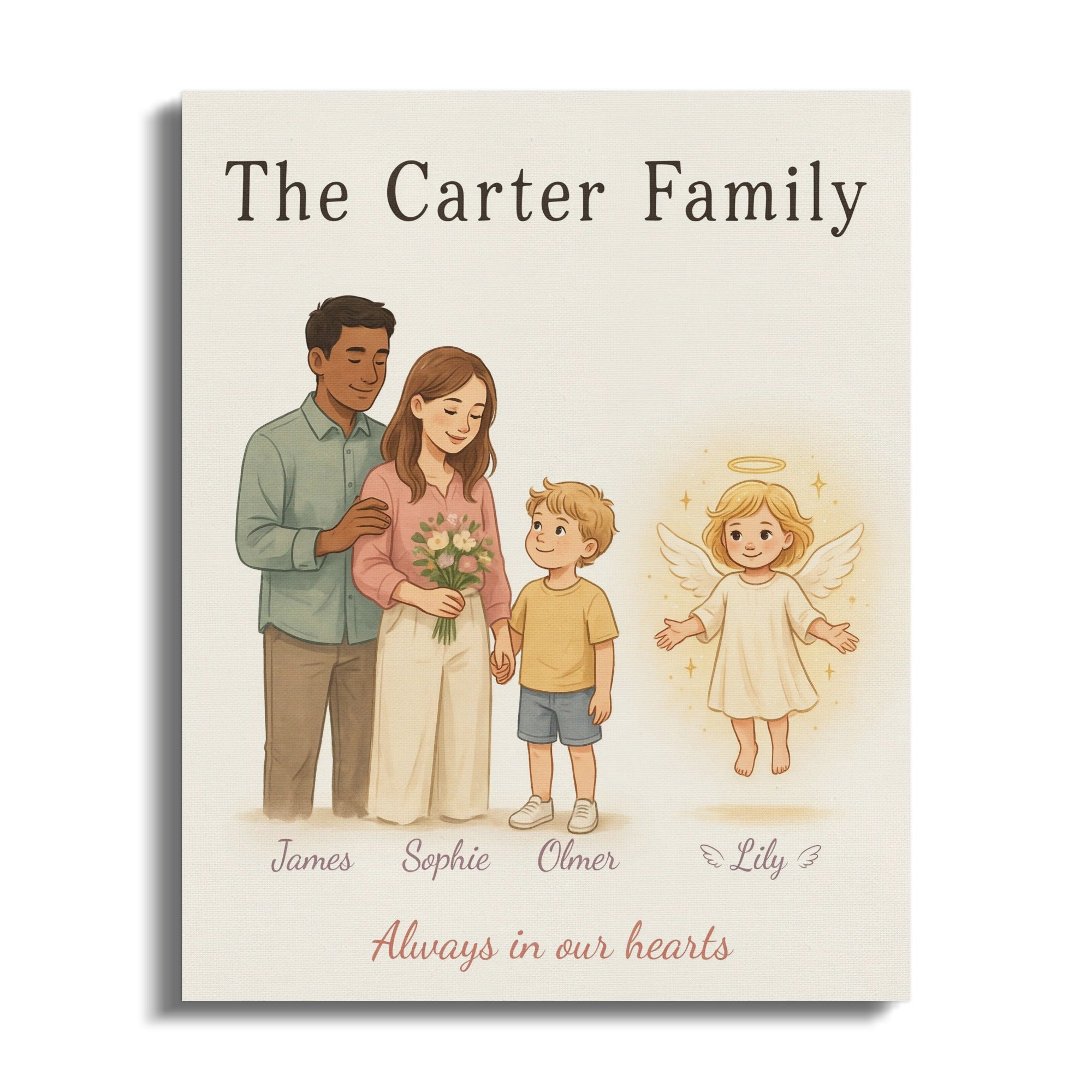 "The Carter Family" with a couple, son, and angel, names James, Sophie, Olmer, Lily.