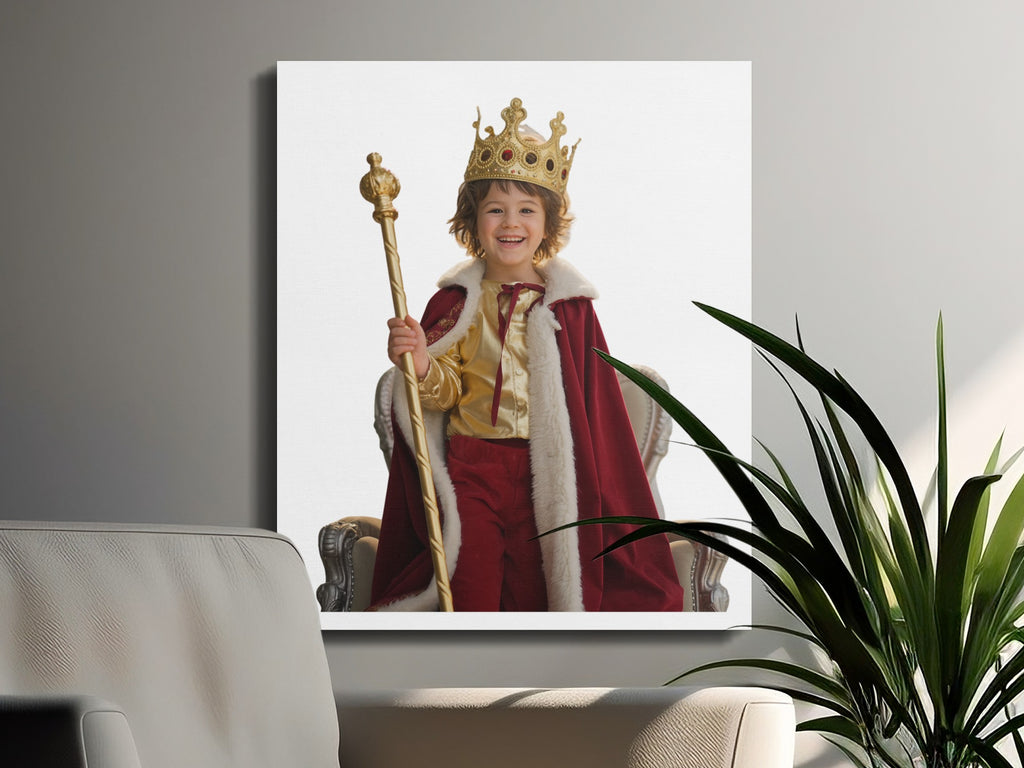 Smiling child in crown and regal robe holds a scepter on a throne.