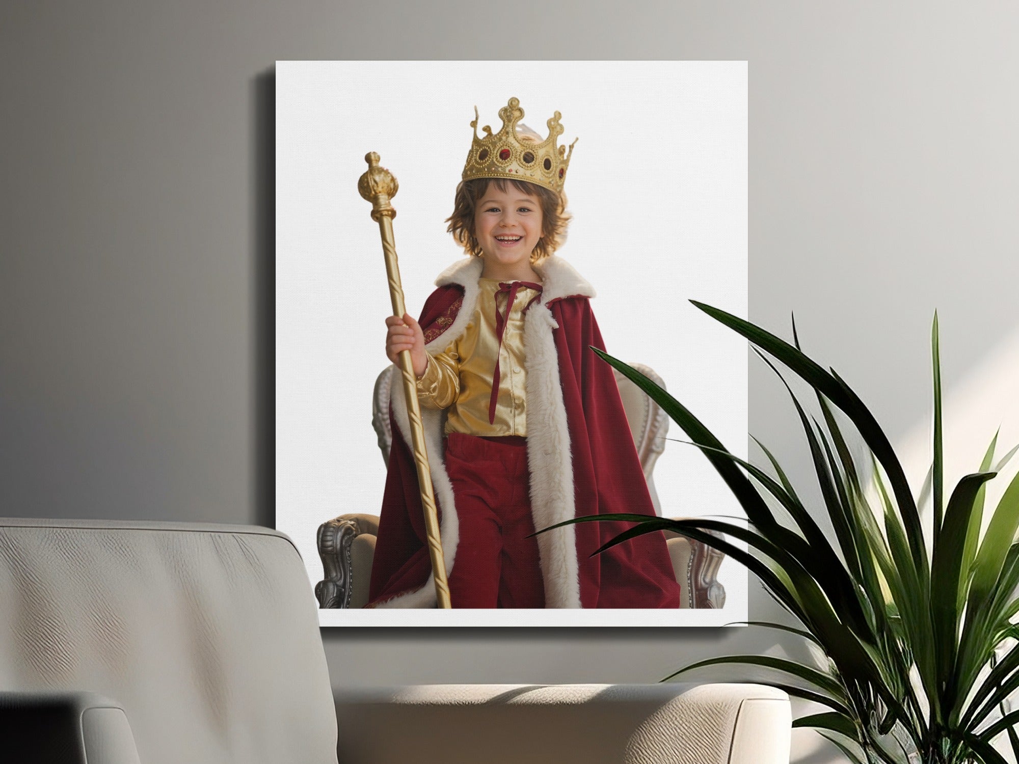 Smiling child in crown and regal robe holds a scepter on a throne.