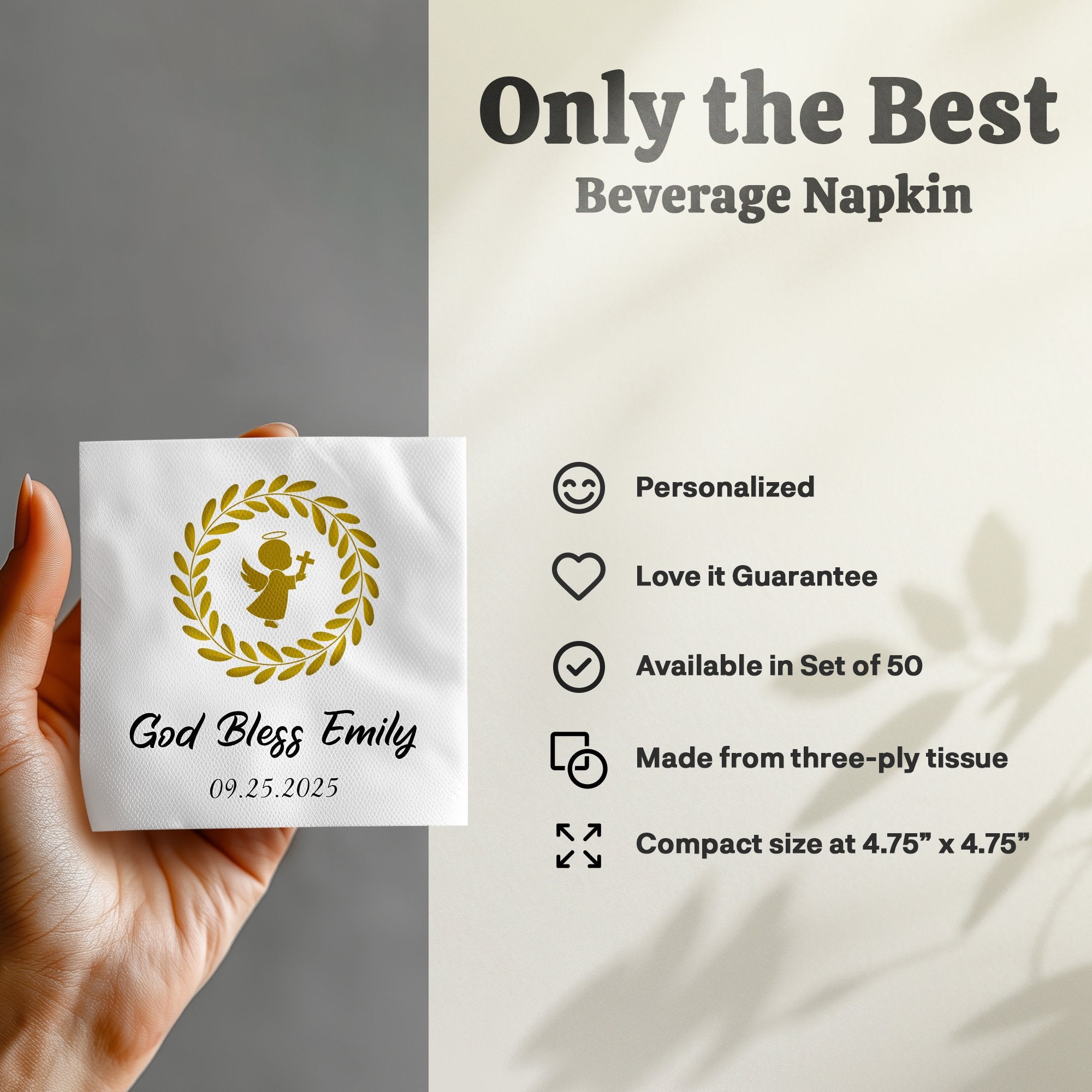 Beverage napkin with "God Bless Emily" and a date, featuring a wreath design.
