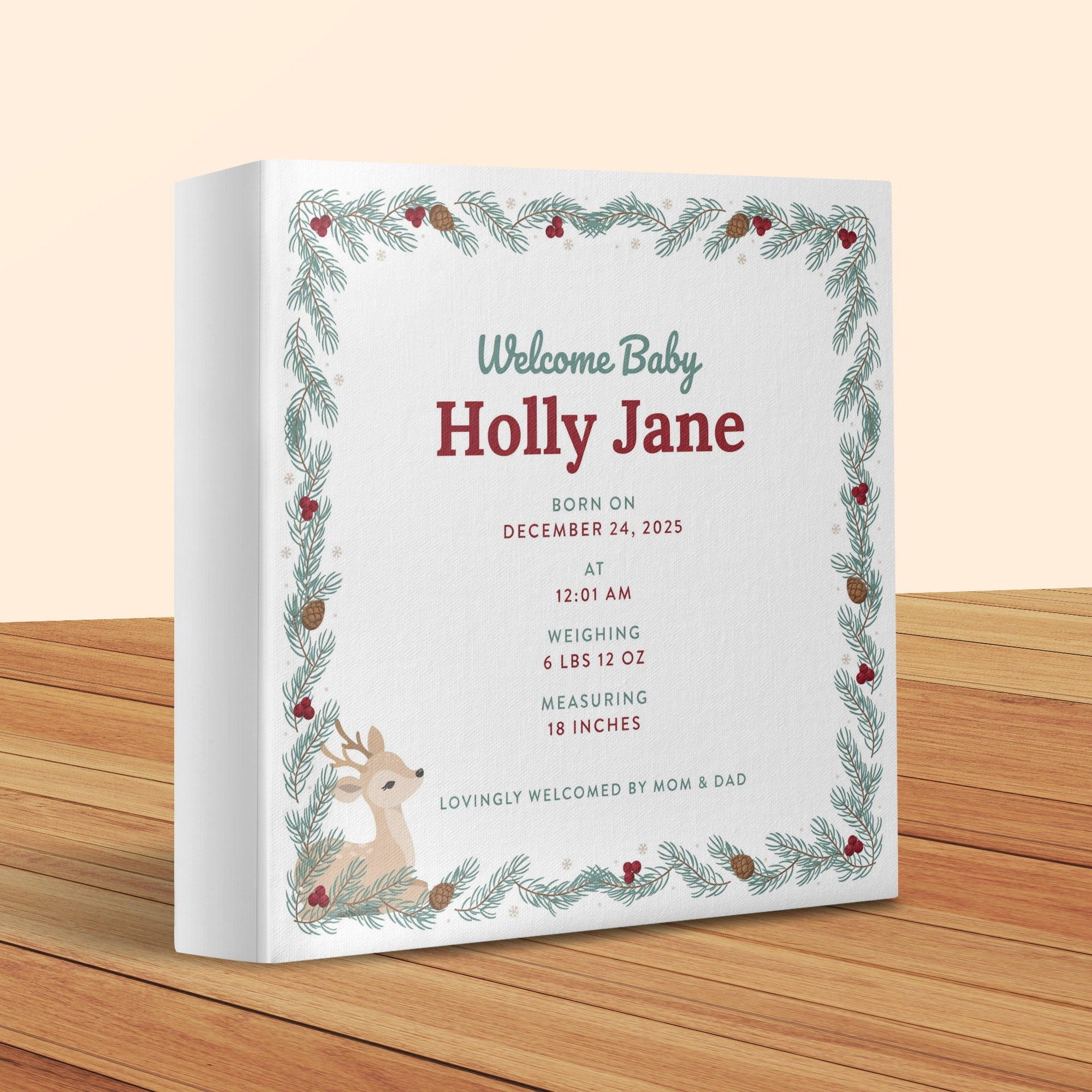 Welcome Baby Holly Jane birth details with deer and pine garland border.