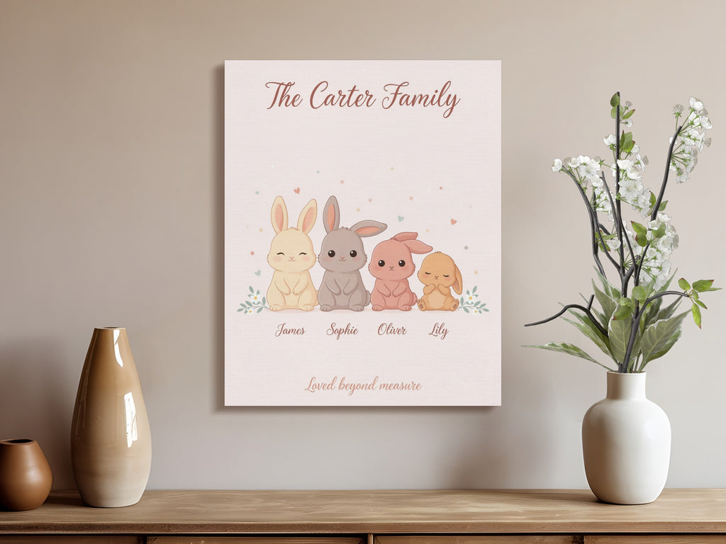 The Carter Family personalized canvas art with four illustrated bunnies and names.