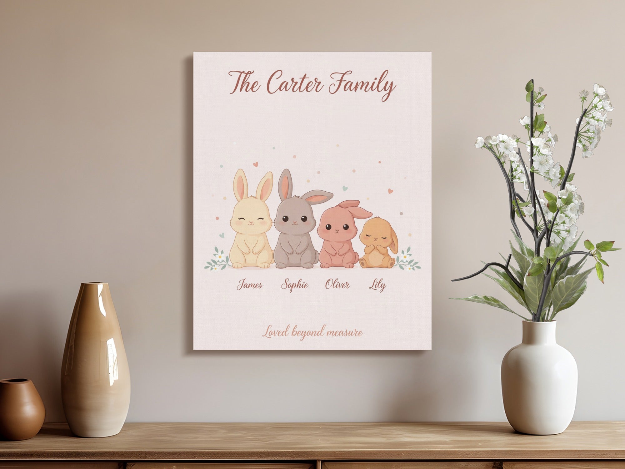 The Carter Family personalized canvas art with four illustrated bunnies and names.