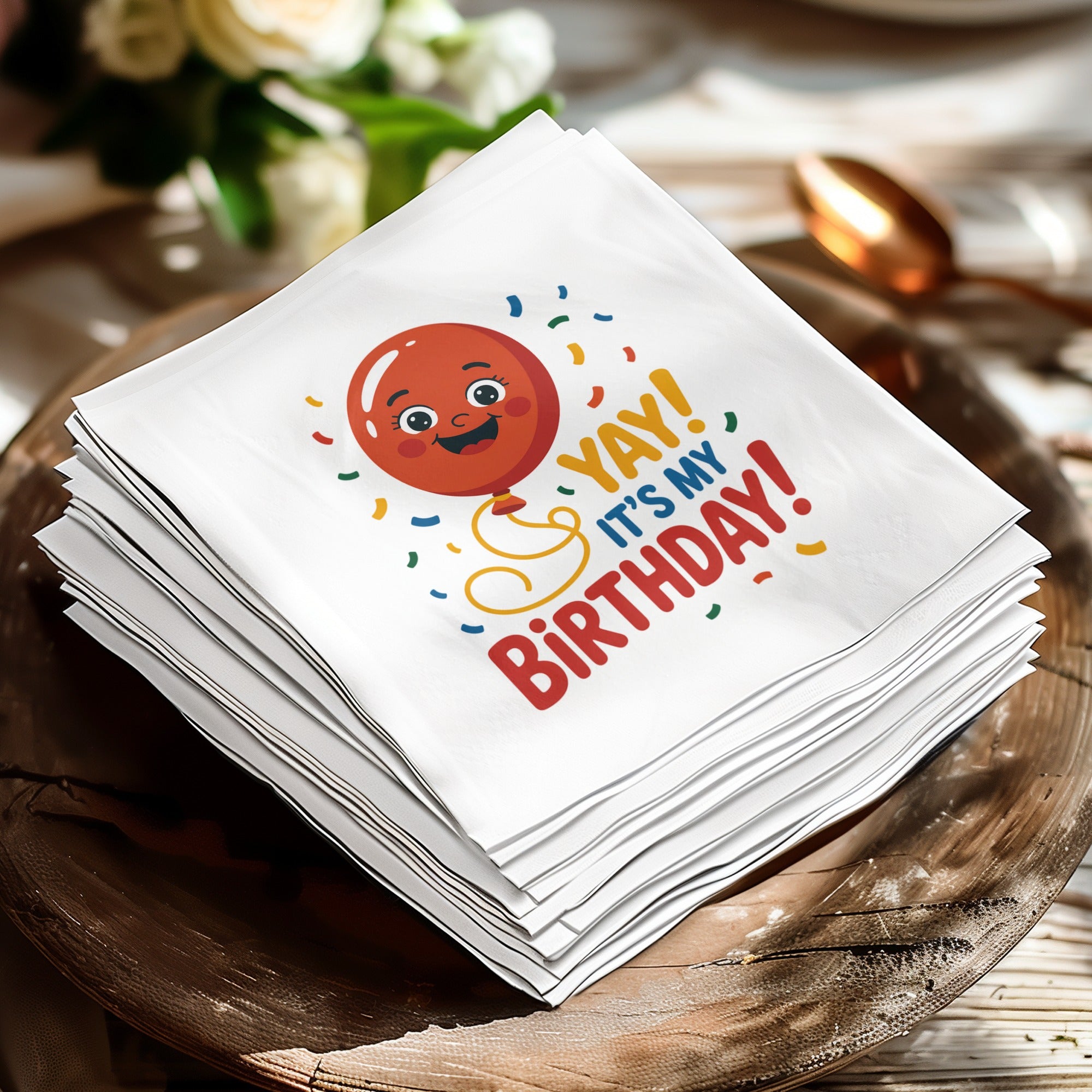 Stack of white napkins with a smiling balloon graphic that reads "YAY! IT'S MY BIRTHDAY!".