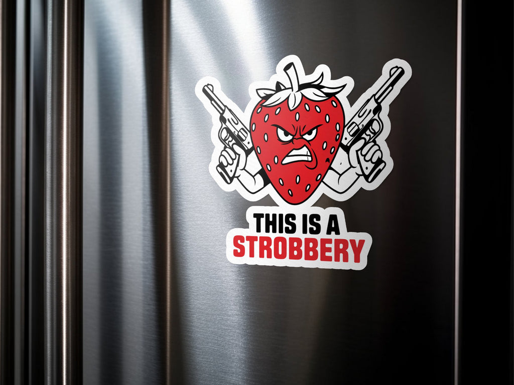 Strawberry character with guns and text "THIS IS A STROBBERY".