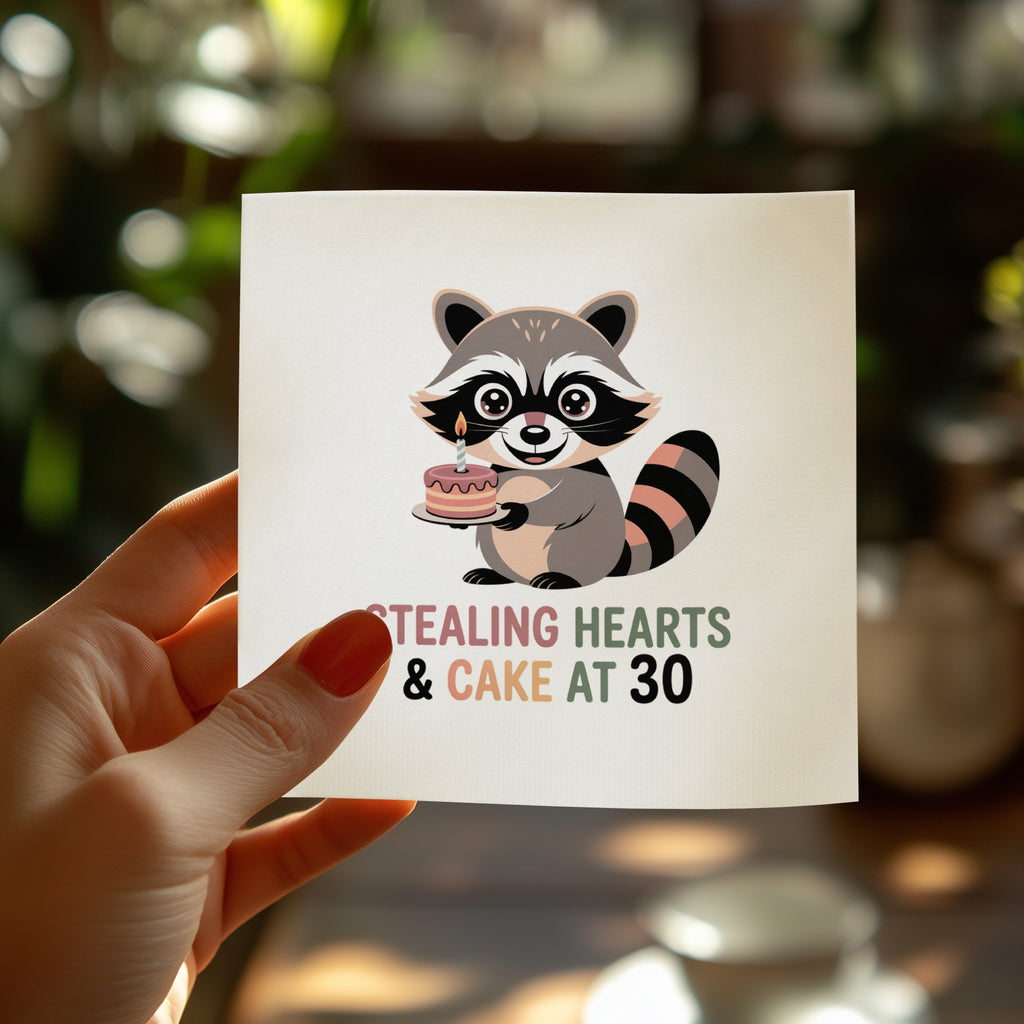 Card with raccoon holding a birthday cake and text "Stealing Hearts & Cake At 30".