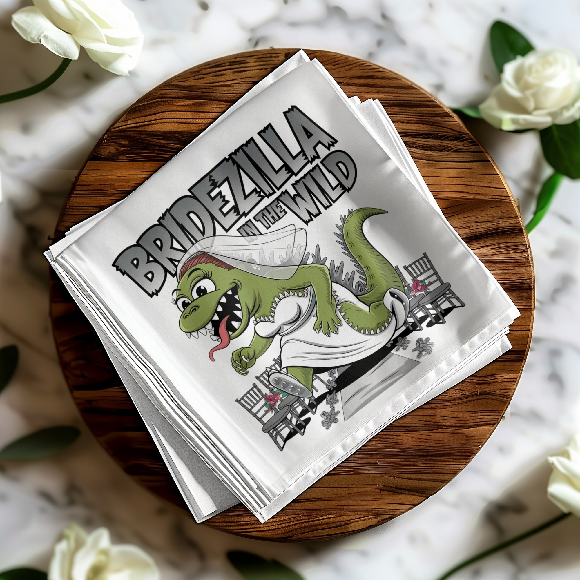 Cartoon bridezilla dinosaur in wedding dress and veil with "Bridezilla in the Wild" text.