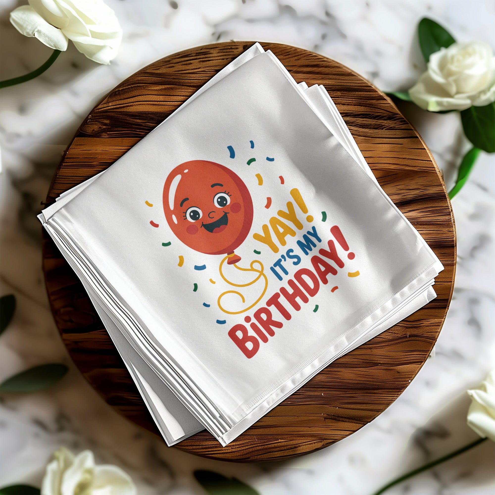 White napkin with a red balloon and "YAY! IT'S MY BIRTHDAY!" text.