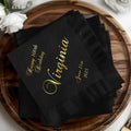 Black cocktail napkins with gold script text "Happy 100th Birthday Virginia June 21st 2025".