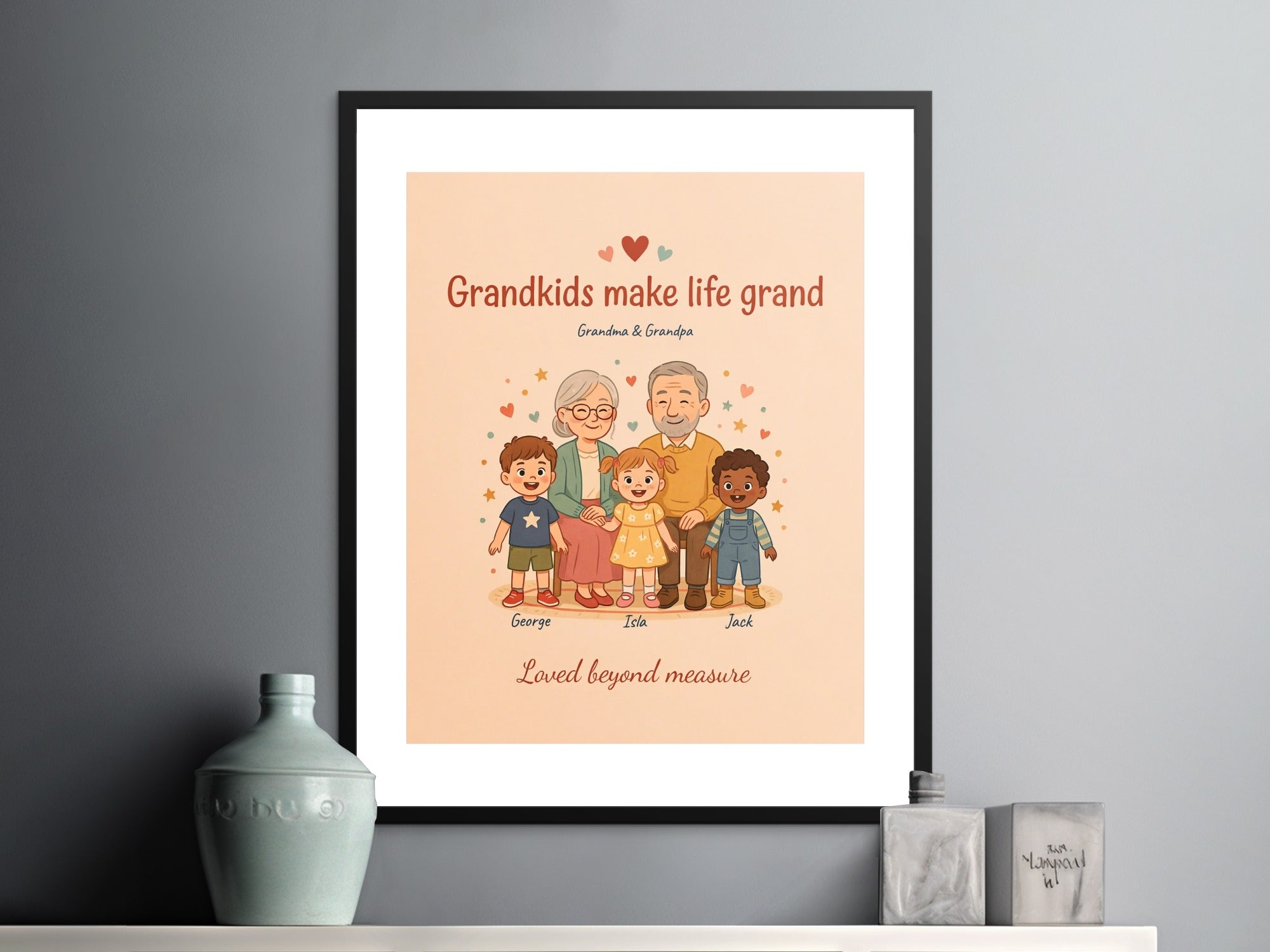 Personalized artwork of Grandma, Grandpa, George, Isla, and Jack with text.