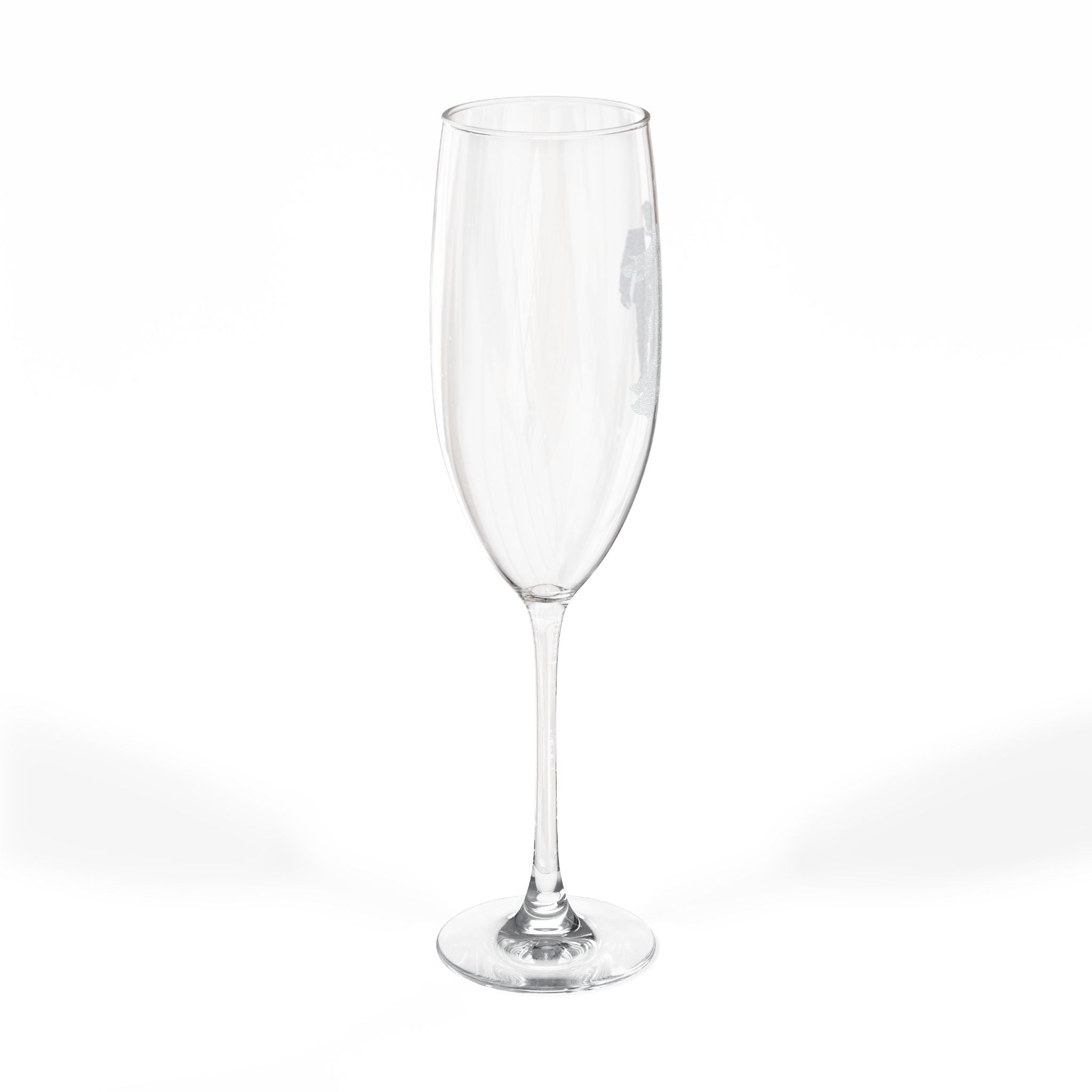 Clear champagne flute with faint etched design on the bowl.