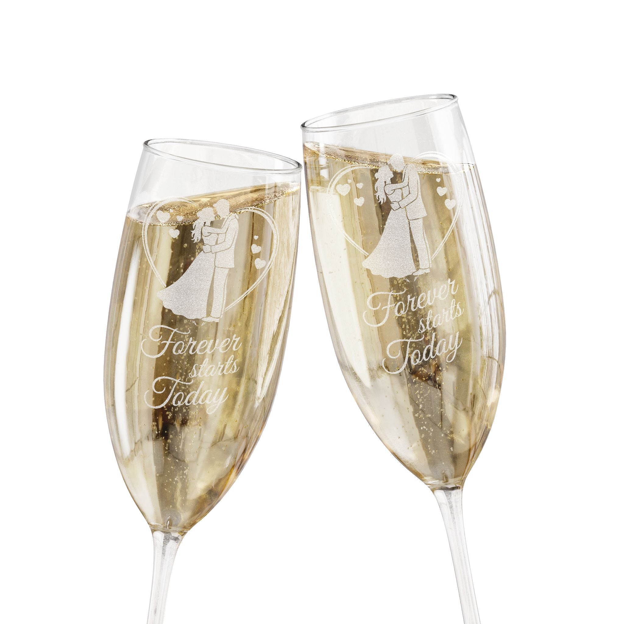 Two champagne flutes engraved with a couple and text "Forever starts Today".
