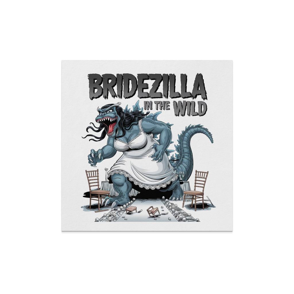 Godzilla as a bride in a torn wedding dress, titled "BRIDEZILLA IN THE WILD."