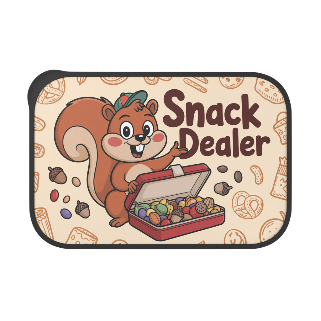 Squirrel with open lunchbox full of snacks and "Snack Dealer" text.