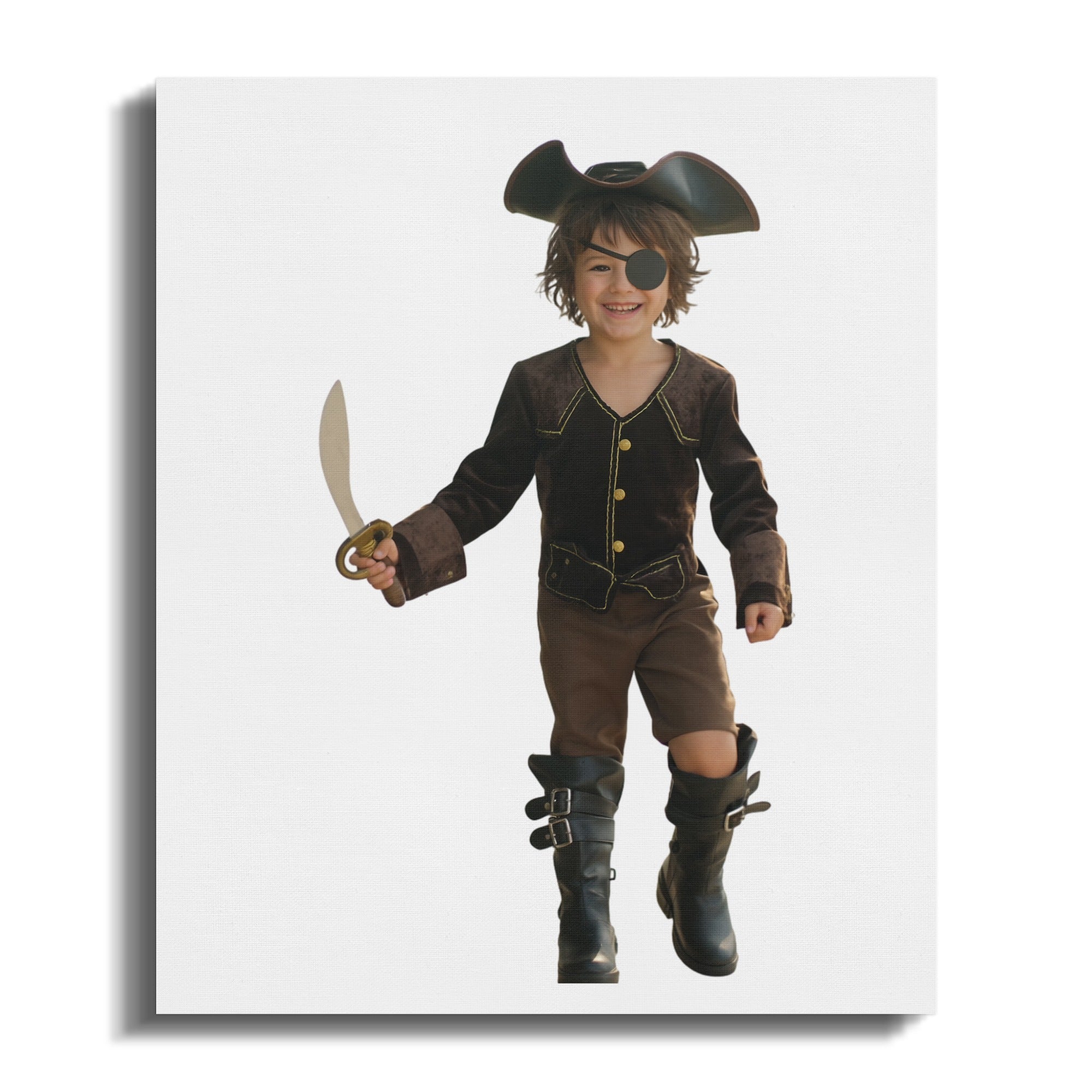 Young child in a pirate costume holding a toy sword and wearing an eyepatch.