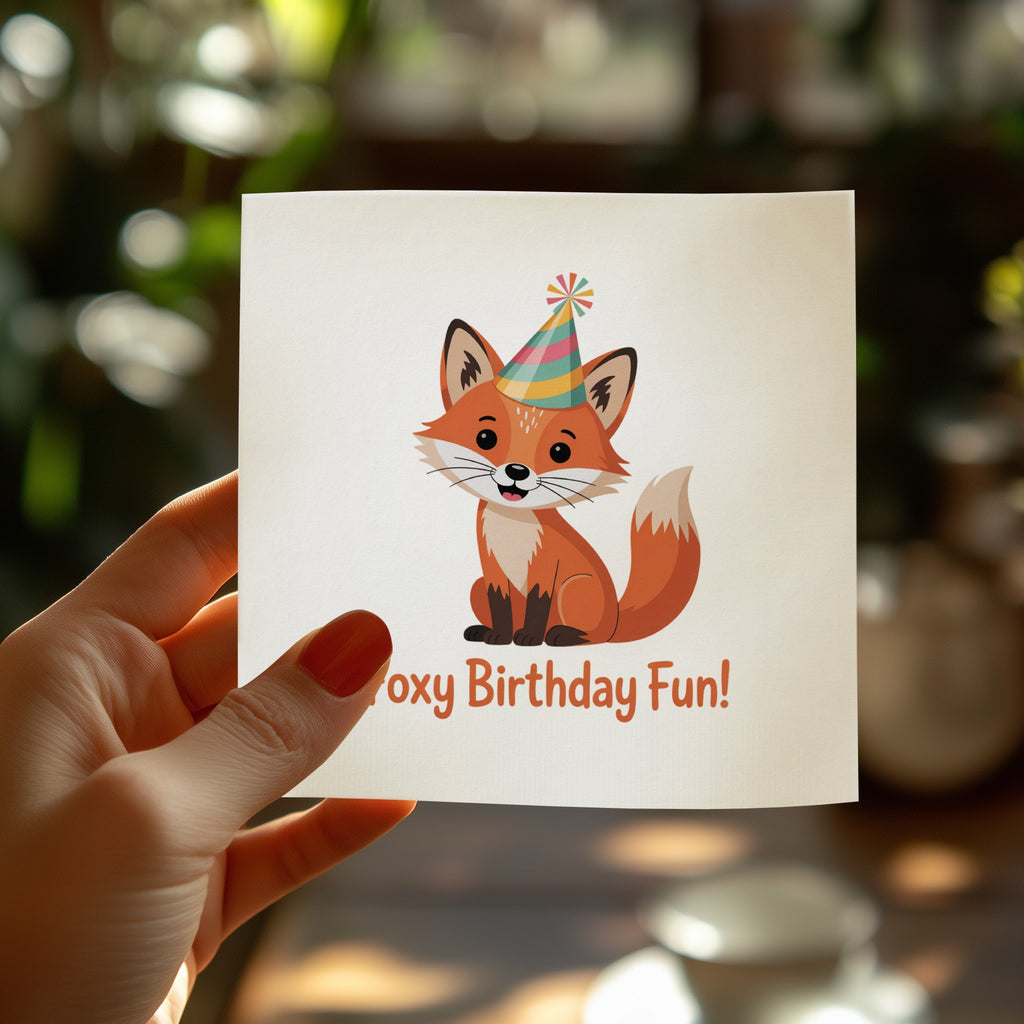 Cute cartoon fox wearing a party hat, text reads "Foxy Birthday Fun!".