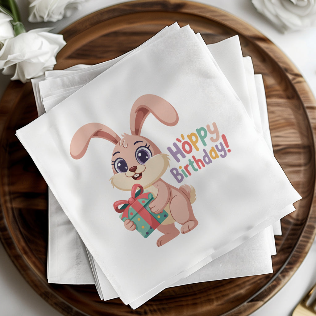 Bunny holding gift with "Happy Birthday" text.