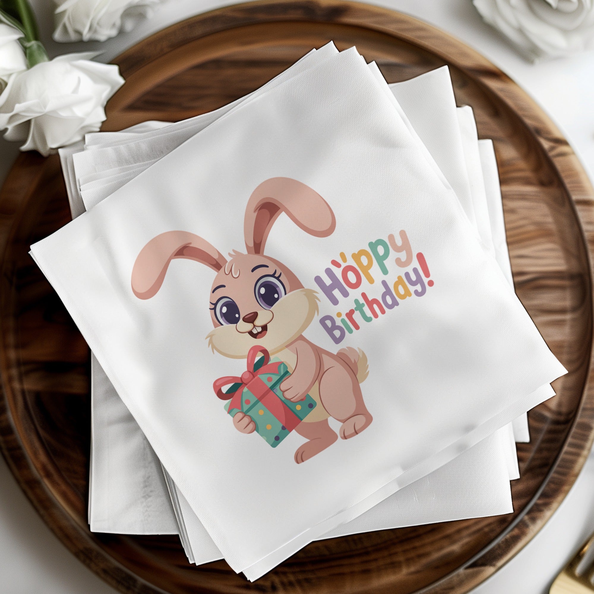 Bunny holding gift with "Happy Birthday" text.