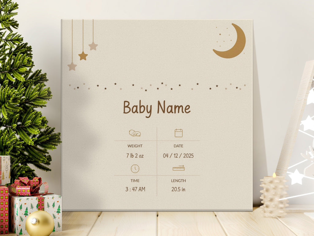 Baby Name sign with birth stats, stars, and moon.