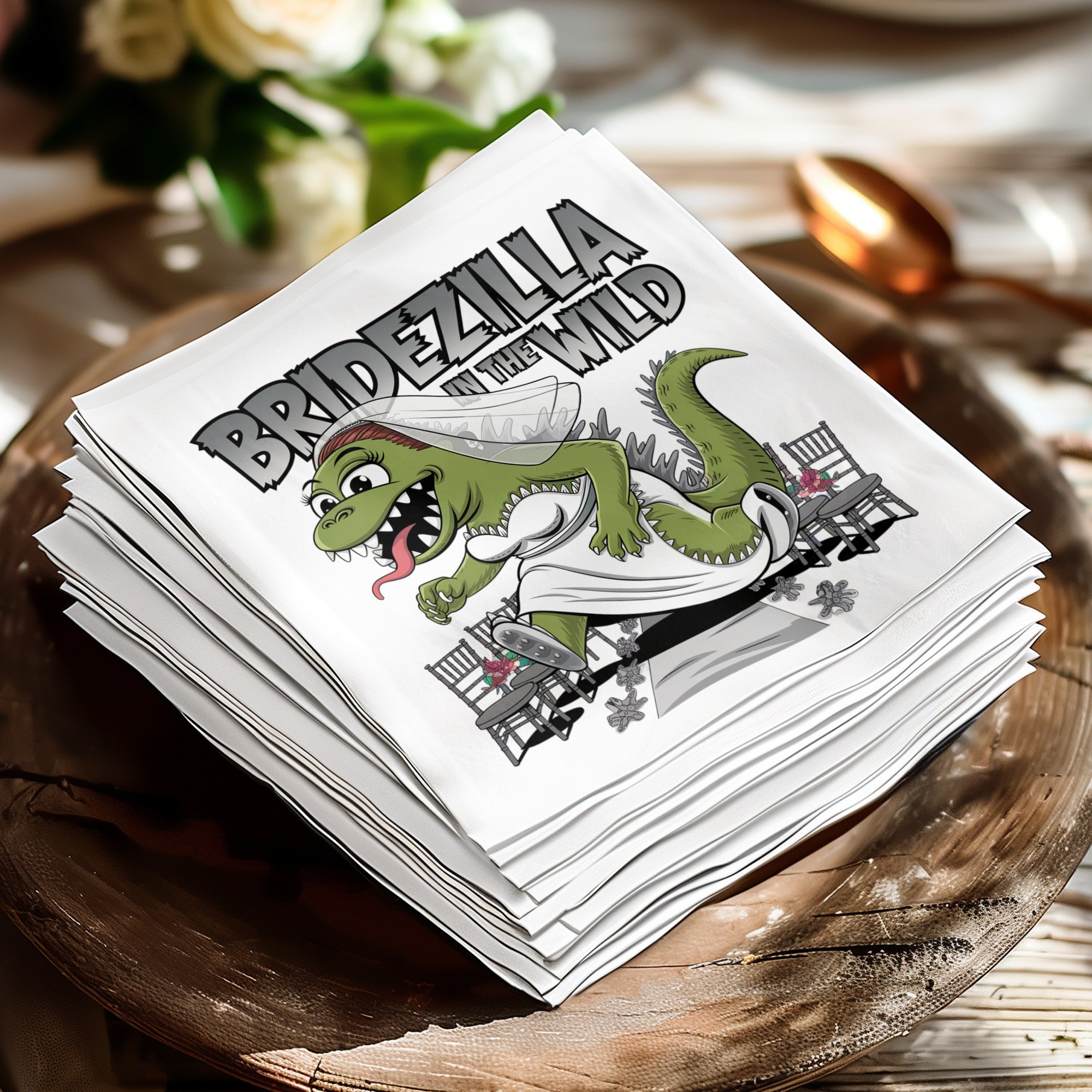 Bridezilla in the Wild - napkins with dinosaur bride in wedding dress.