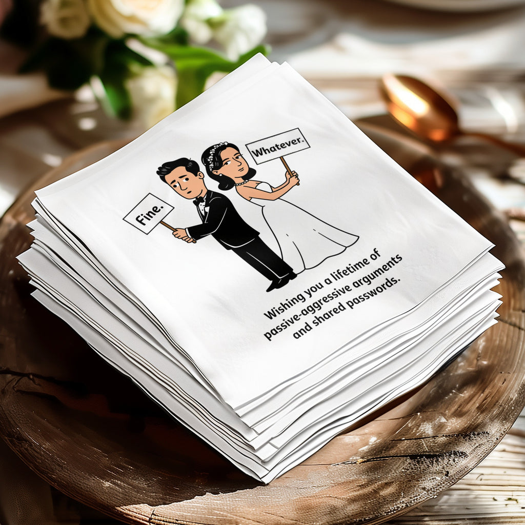 Couple on napkins: "Fine." "Whatever." with passive-aggressive wish.