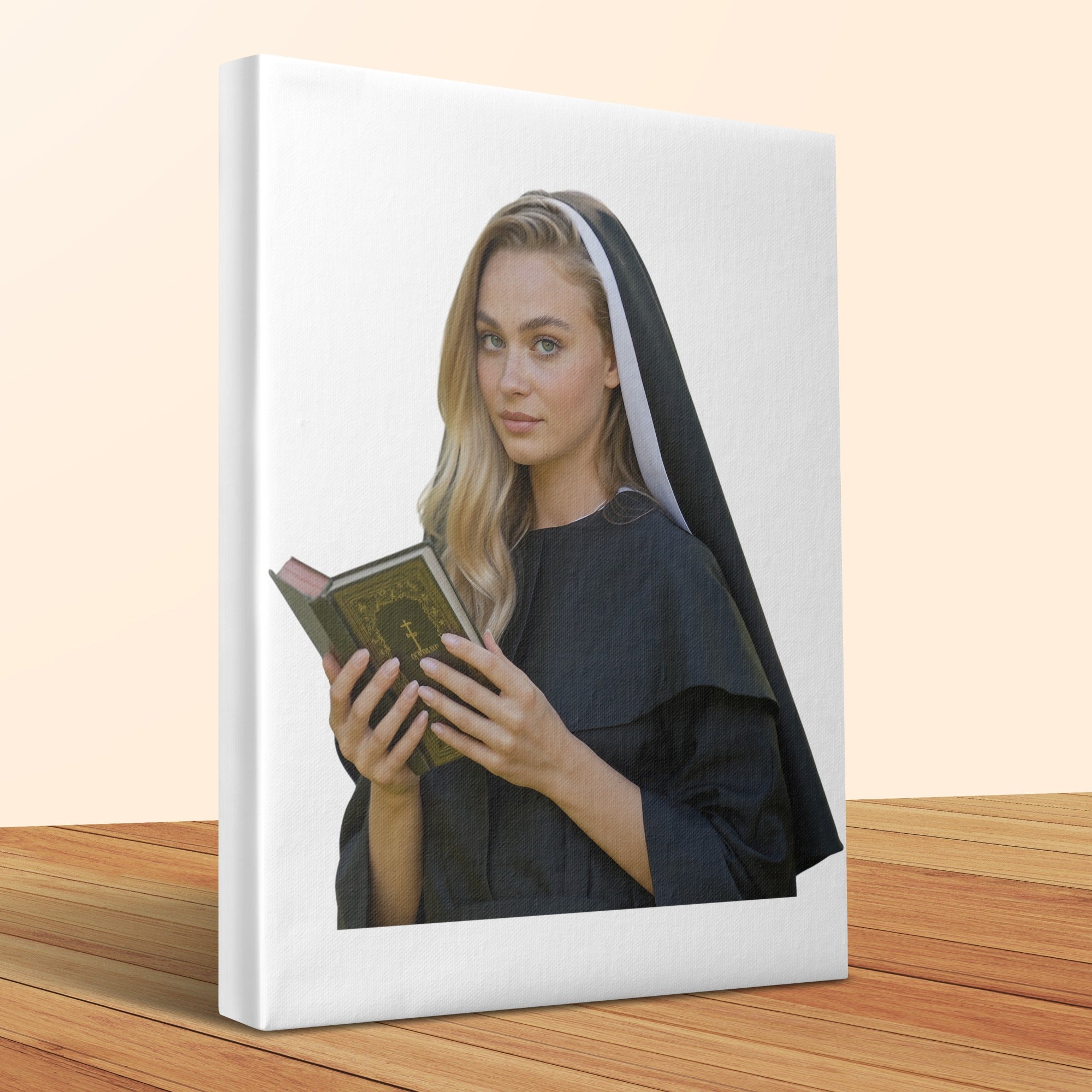 Young woman in nun's habit reading an open book.
