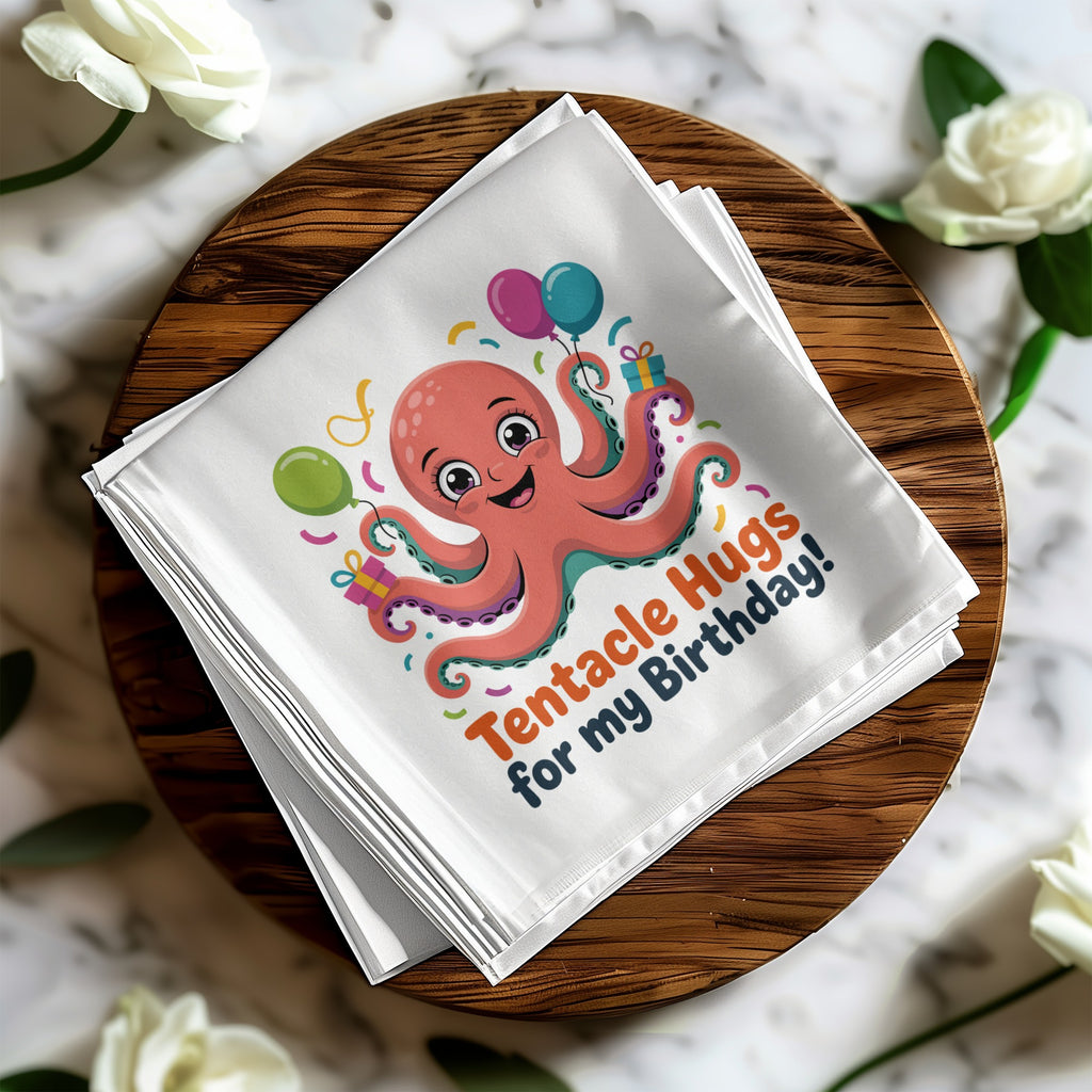 White napkin with colorful octopus, presents, and balloons, reading "Tentacle Hugs for my Birthday!".