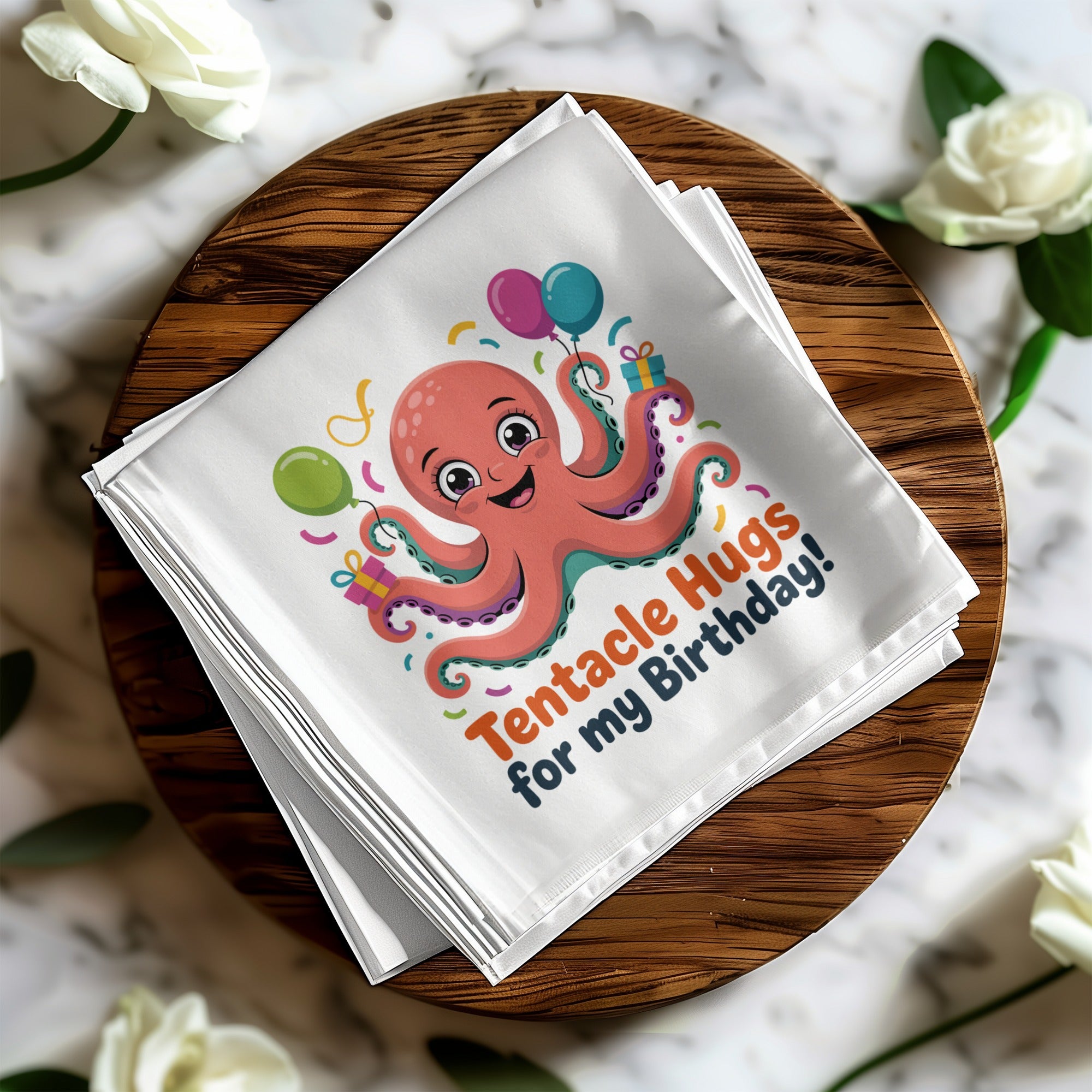 White napkin with colorful octopus, presents, and balloons, reading "Tentacle Hugs for my Birthday!".