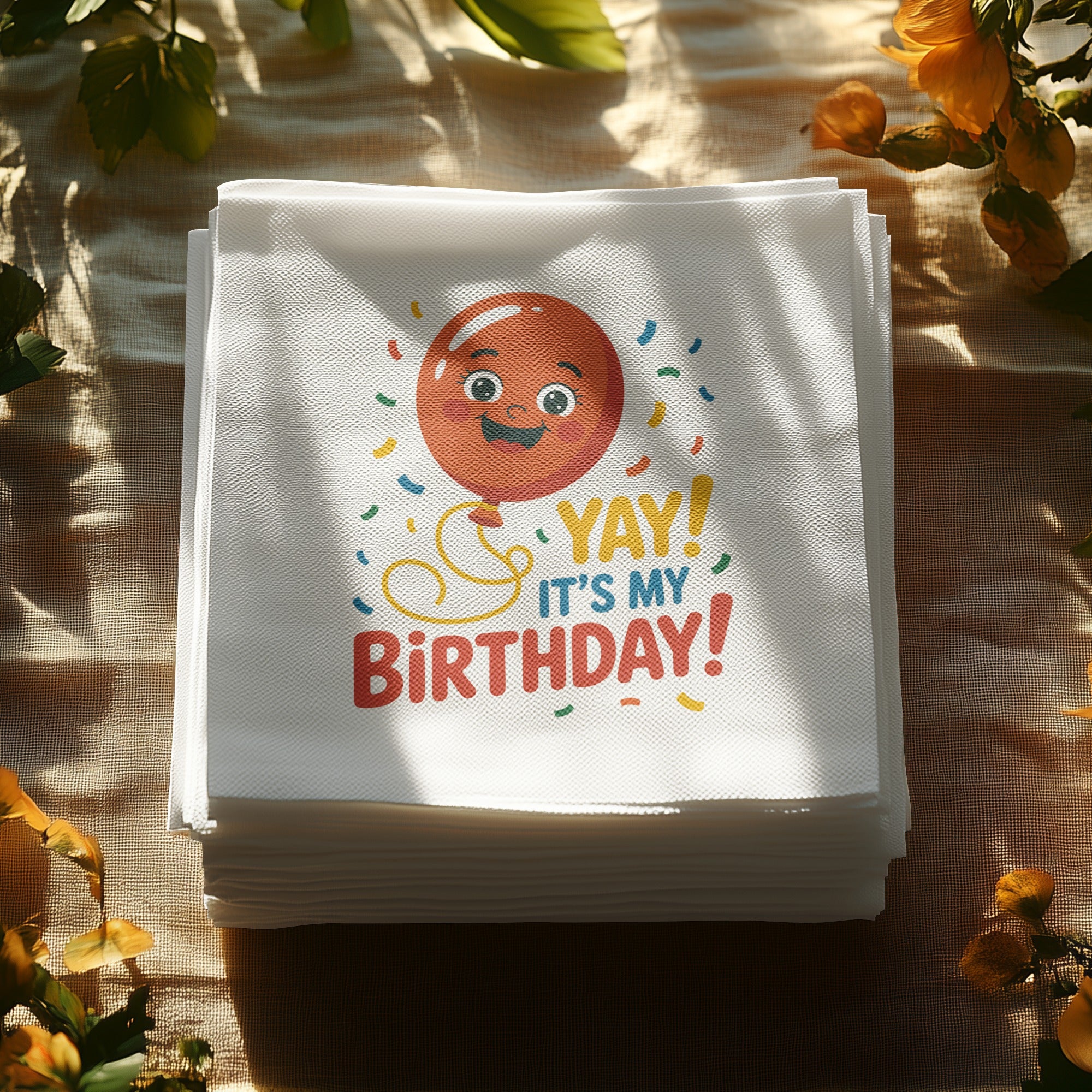 Stack of napkins with "Yay! It's My Birthday!" and a cartoon balloon.