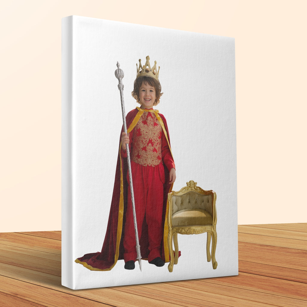 Child in a king costume holding a scepter, standing beside an ornate chair.